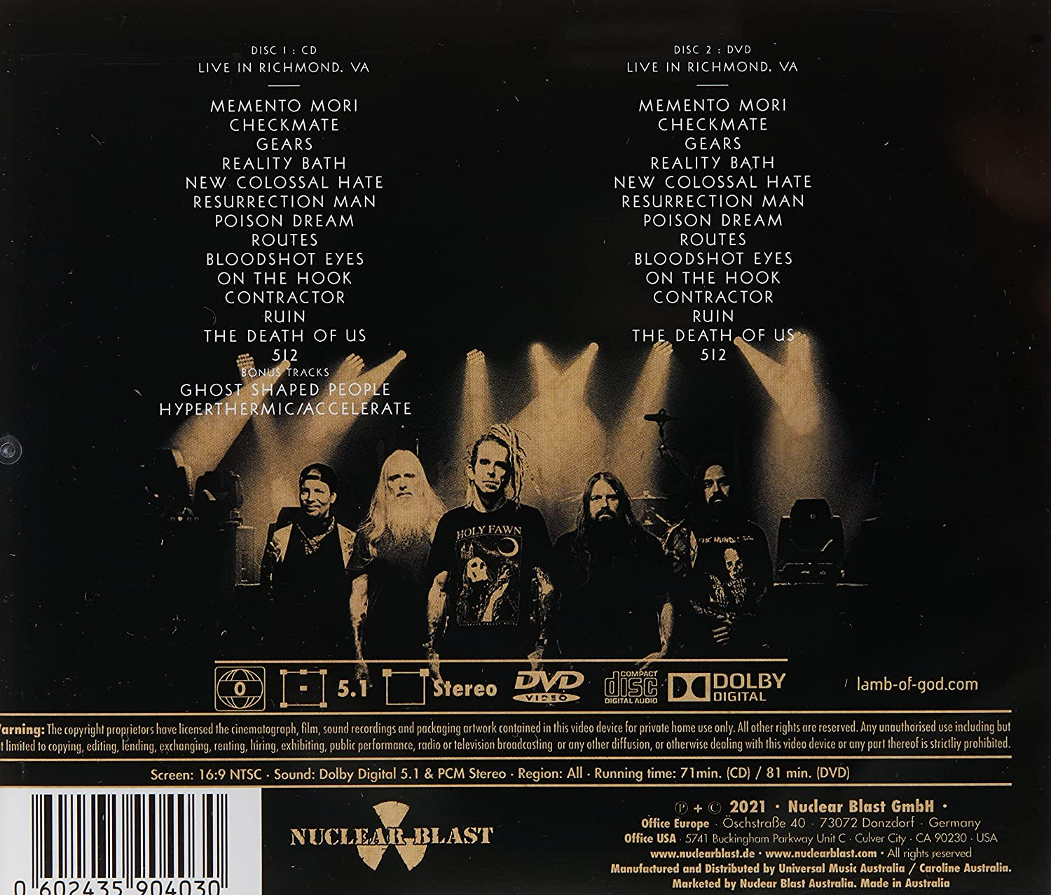 LAMB of GOD LIVE in RICHMOND, VA (CD + DVD)