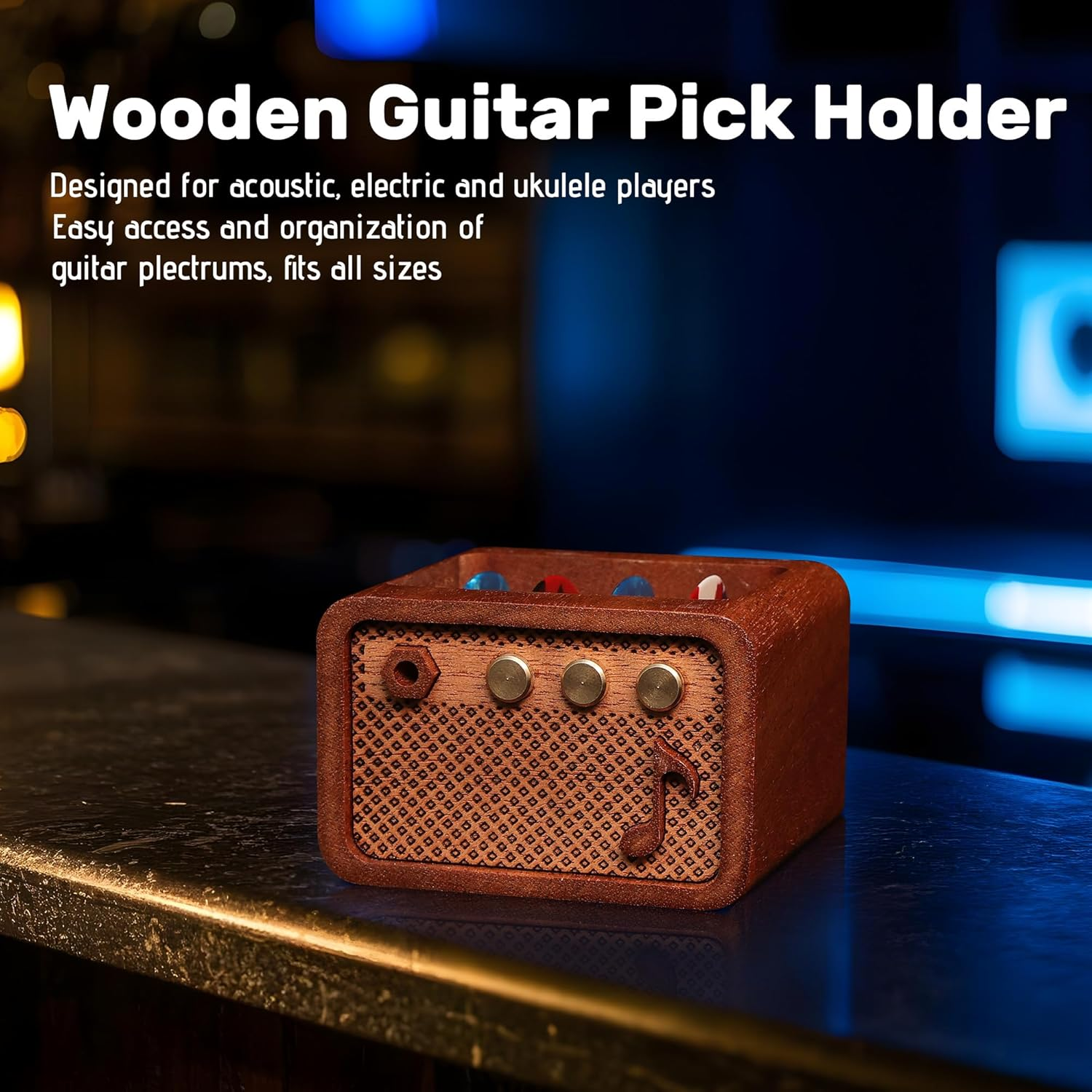 Guitar Accessories, Sapele Wood Electric Guitar Amp Shaped Guitar Pick Holder, Guitar Players Guitarists for Picks Storage and Display image number 4