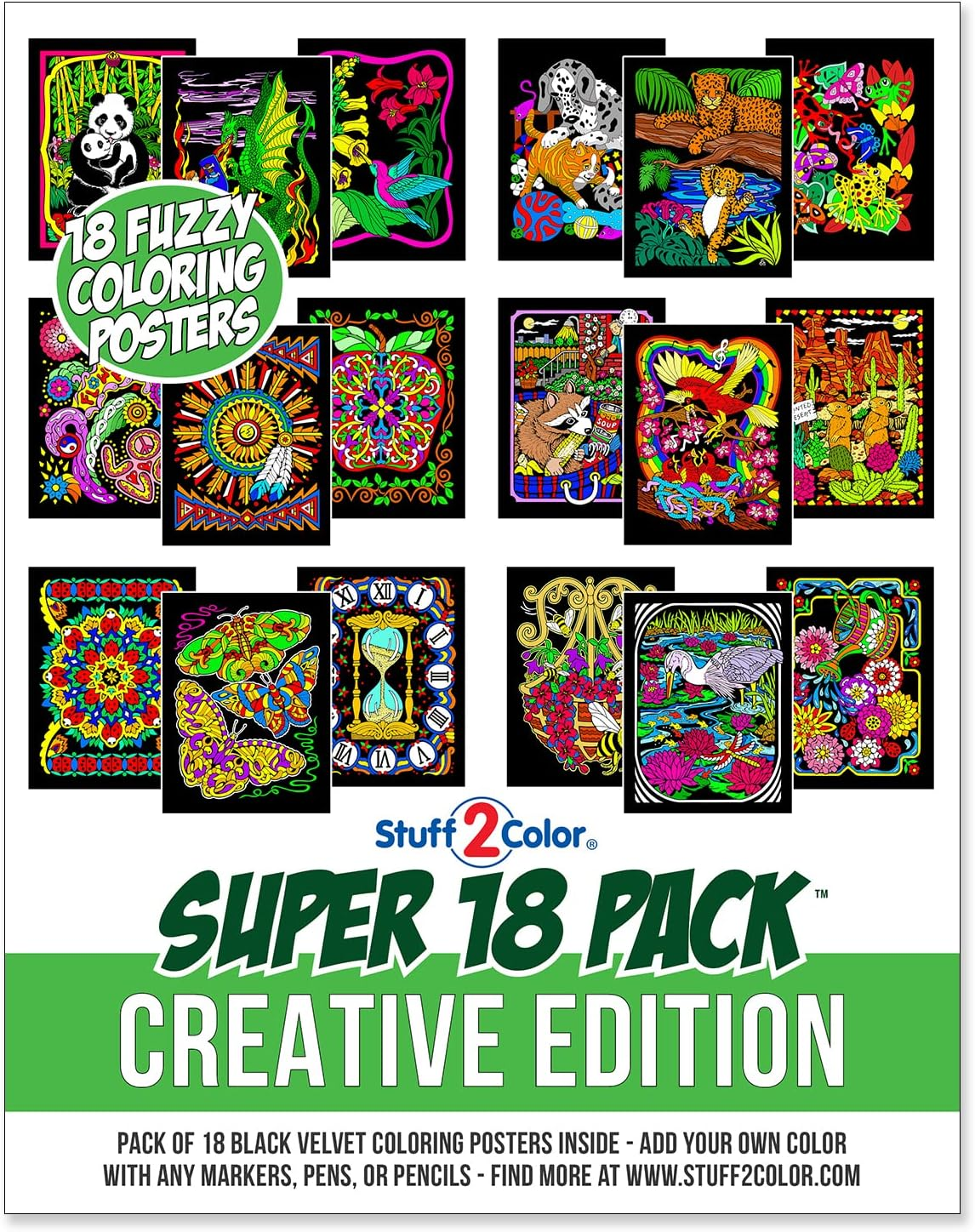 Stuff2Color Super Pack of 18 Fuzzy Velvet Coloring Posters (Creative Edition)(8 X 10)