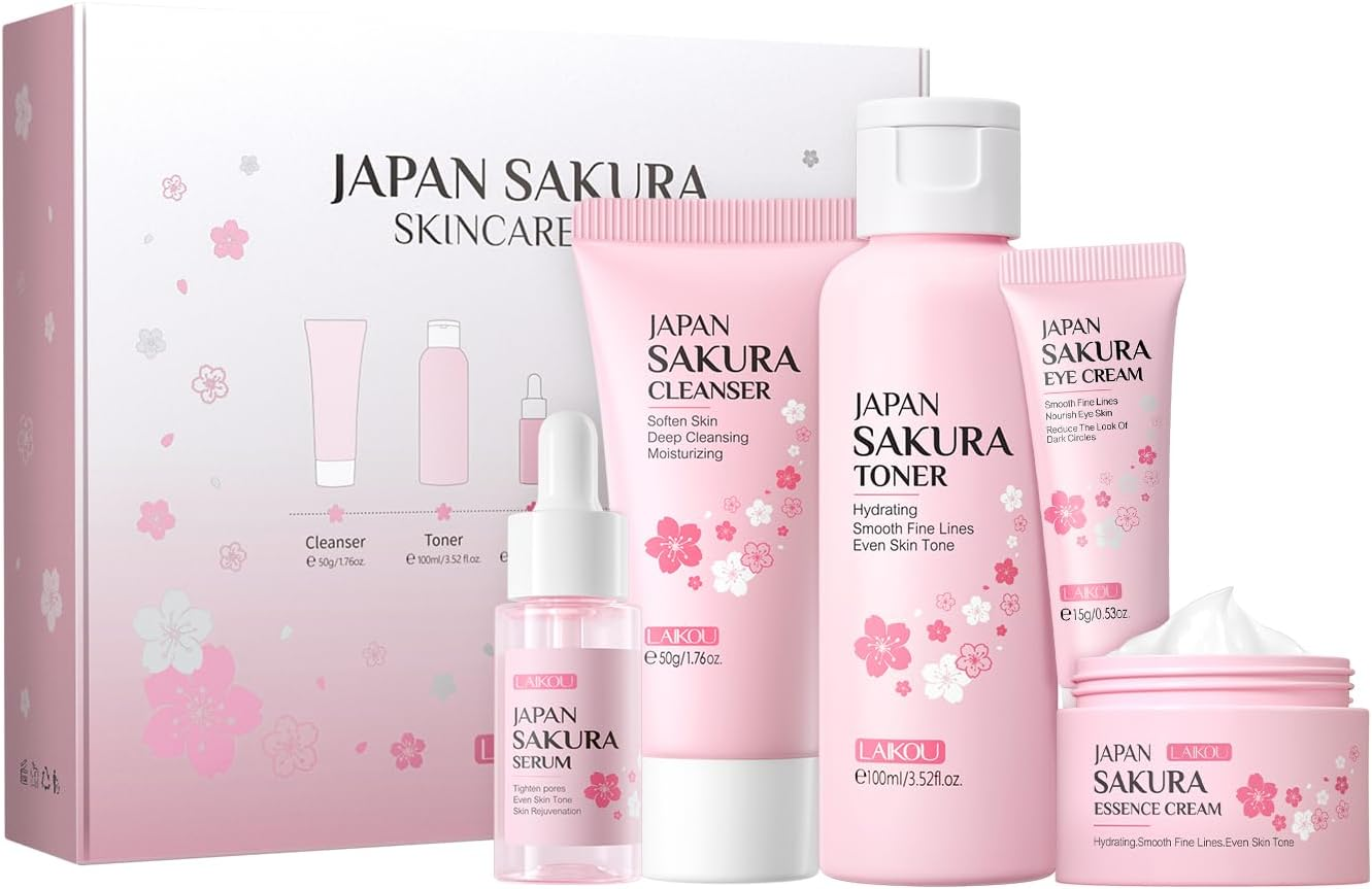 LAIKOU Skin Care Set JAPAN SAKURA Women Beauty Gift Sets Skin Care Kit with Cleanser, Toner, Serum, Eye Cream, Face Cream Travel Kit for Women Teen Girls Mom Daughter Birthday Tsa-Friendly Sizes 5Pcs image number 1