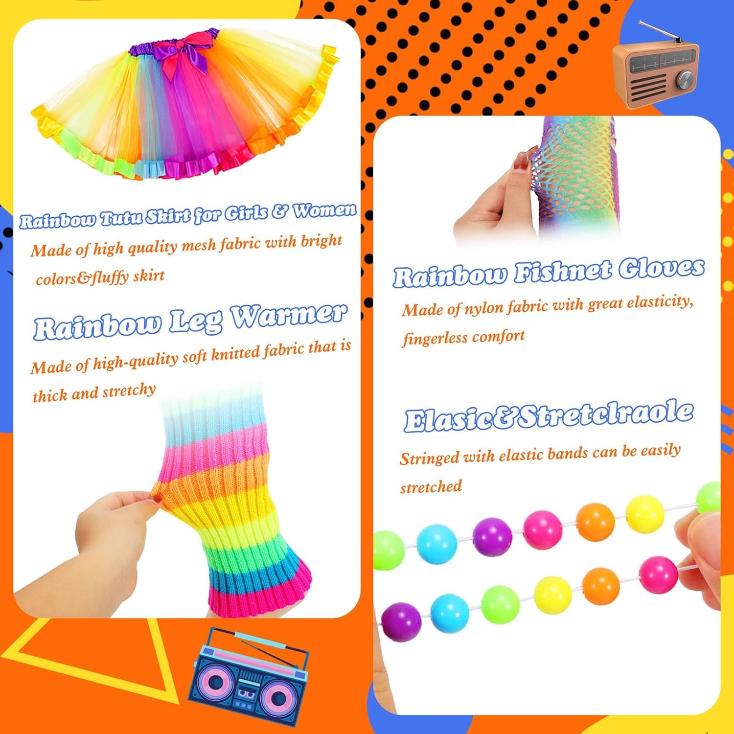 Hapurs 80S Fancy Dress for Women, 80S Costume Accessories Set Neon Rainbow Tutu Skirts Leg Warmers Gloves Glasses Bracelet Necklace Retro Party Costume image number 2