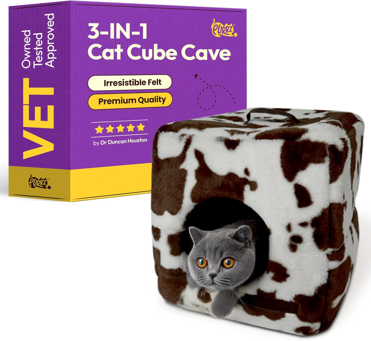 PURRZ Foldable Cat Cube Bed Cave with Leather Handle &ndash; Anti-Stain, Machine Washable Indoor Cat House &ndash; Soft Enclosed Cat Bed for Kittens & Adult Cats &ndash; Modern Grey Hideaway, Portable & Durable