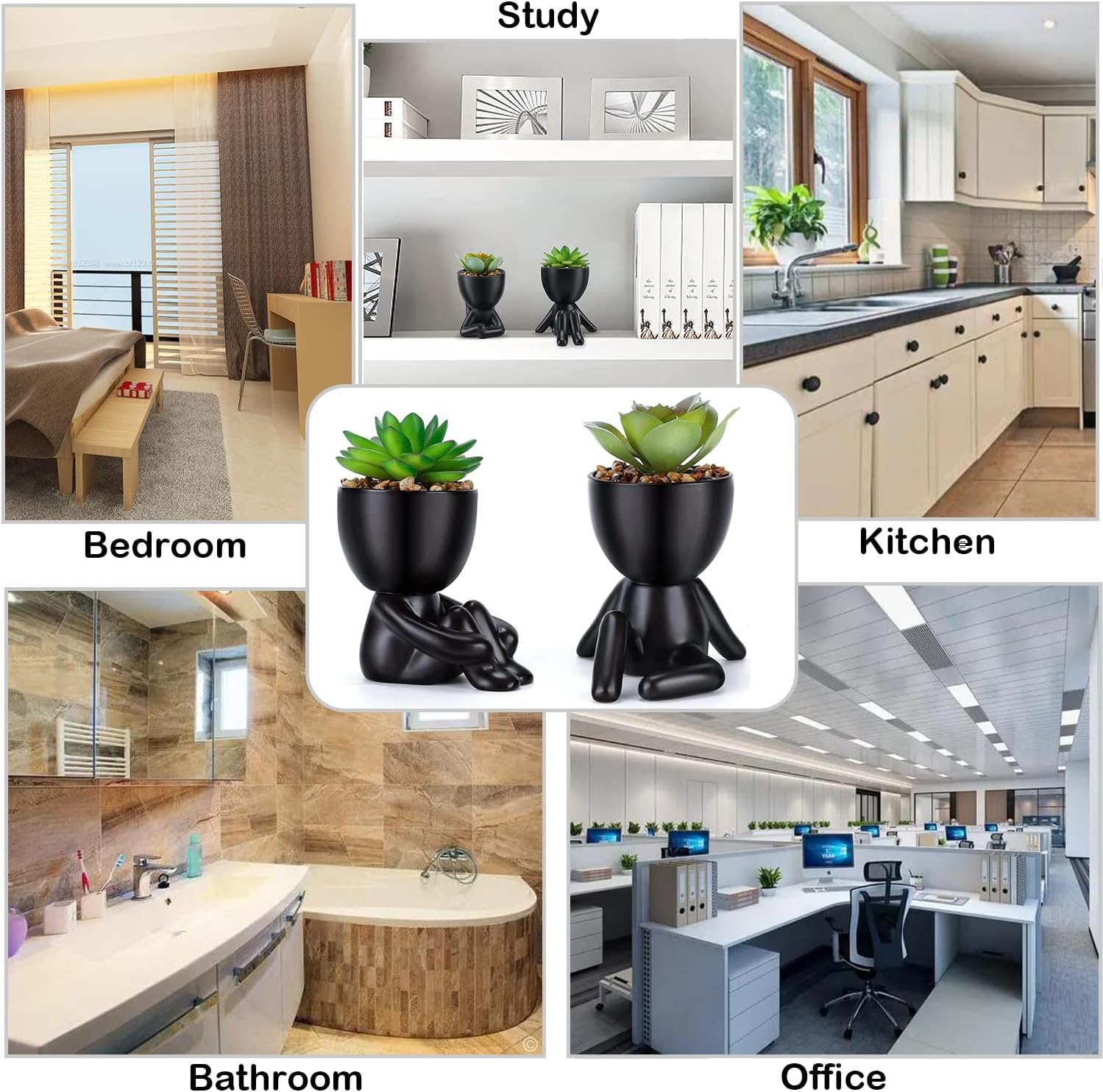 Paifeancodill Fake Plants Pot with Succulent Plants, 2 Pcs Fake Succulent with Black Human Shaped Ceramic Pots, Ceramic Flower Pot Planter (Black A) image number 3