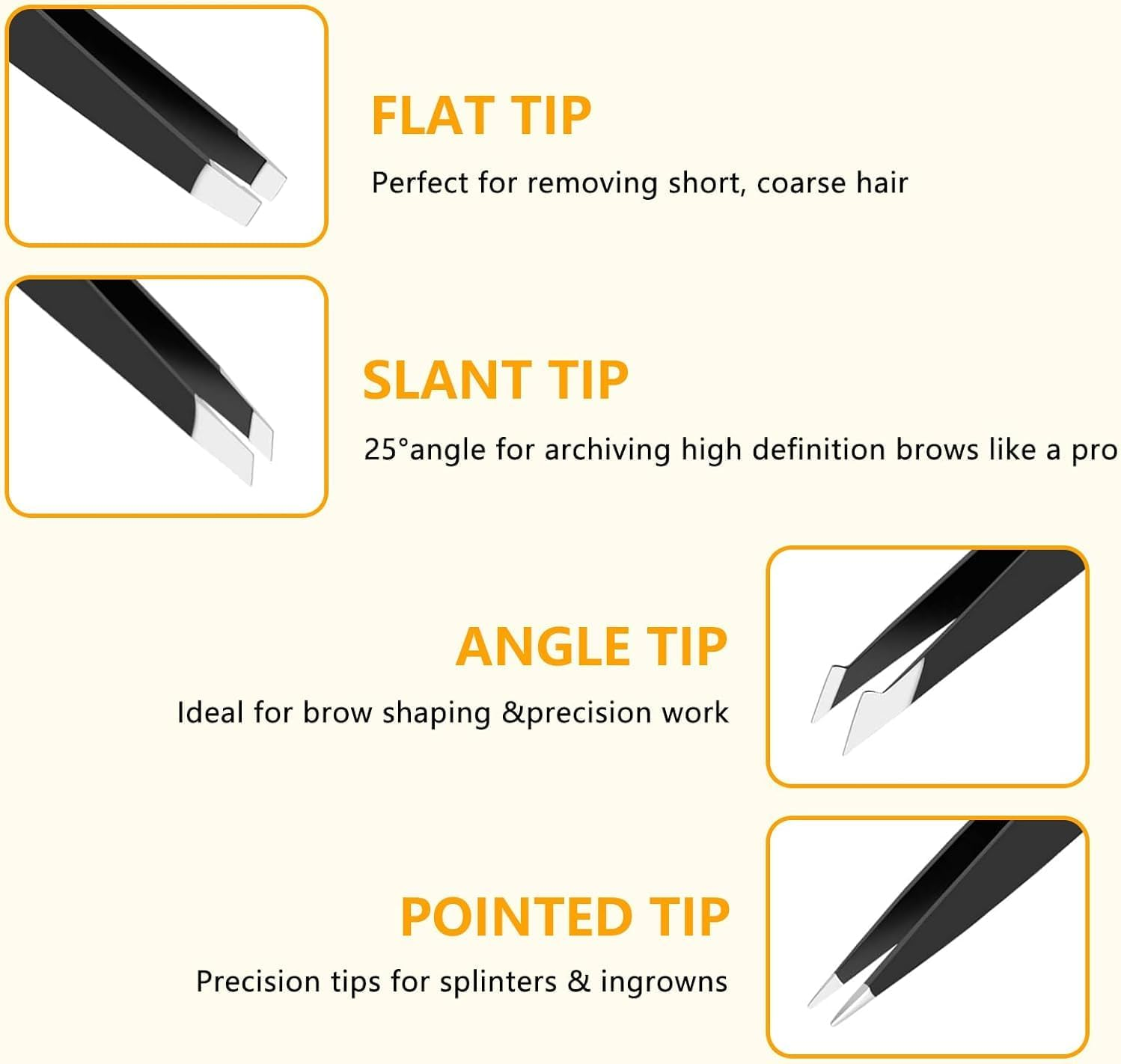 Professional Precision Tweezer Set 4 Types (Pointed, Hooked, Slanted, Straight), Stainless Steel Eyebrow Tweezers with Sharp Tight Bite, Eyelash Tweezers for False Eyelashes Fine Hair Removal (8PCS) image number 2