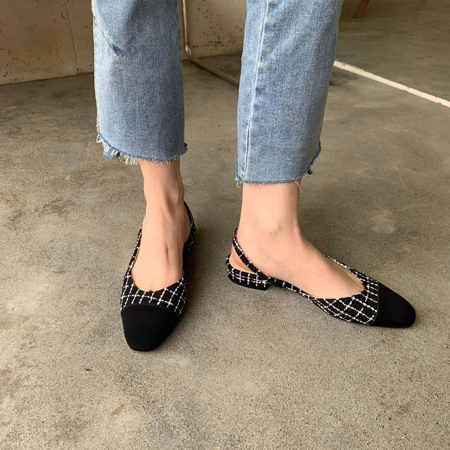 MICIFA Slingback Flats for Women, round Toe Low Heel Sandals Fashion Splicing Dress Shoes for Women, Fabric Black, 8.5 image number 3