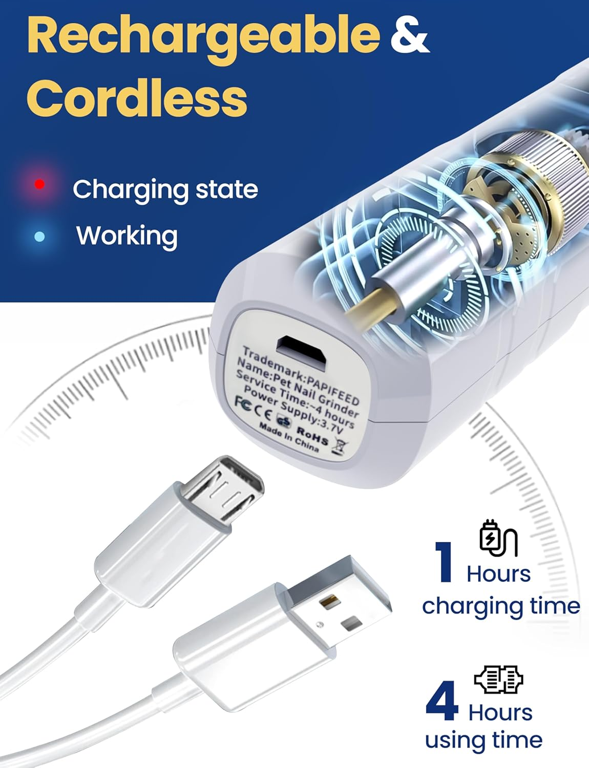 ADVWIN Dog Nail Grinder, 3-Speeds Pet Nail Grinder Low Noise USB Rechargeable with 2 LED Lights, Electric Dog Nail Trimmer Painless Paw Grooming Tool for Medium Large Dogs & Cats image number 3