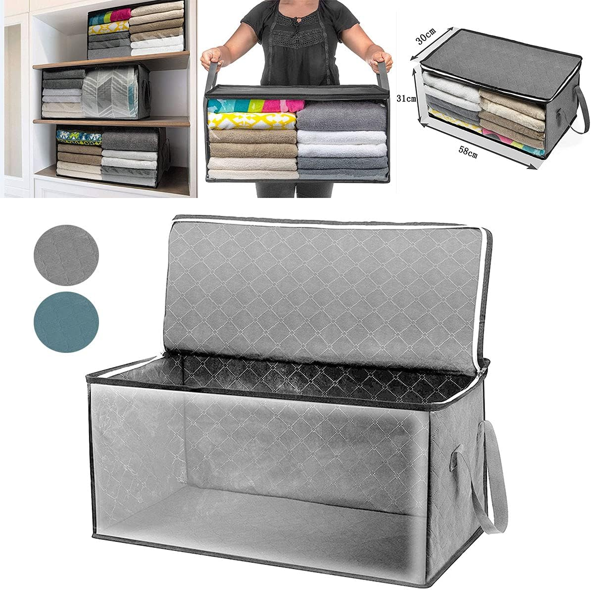 Portable Easy to Carry Quilt Bag Box Flat Foldable Home Storage Organisation (Blue) image number 4