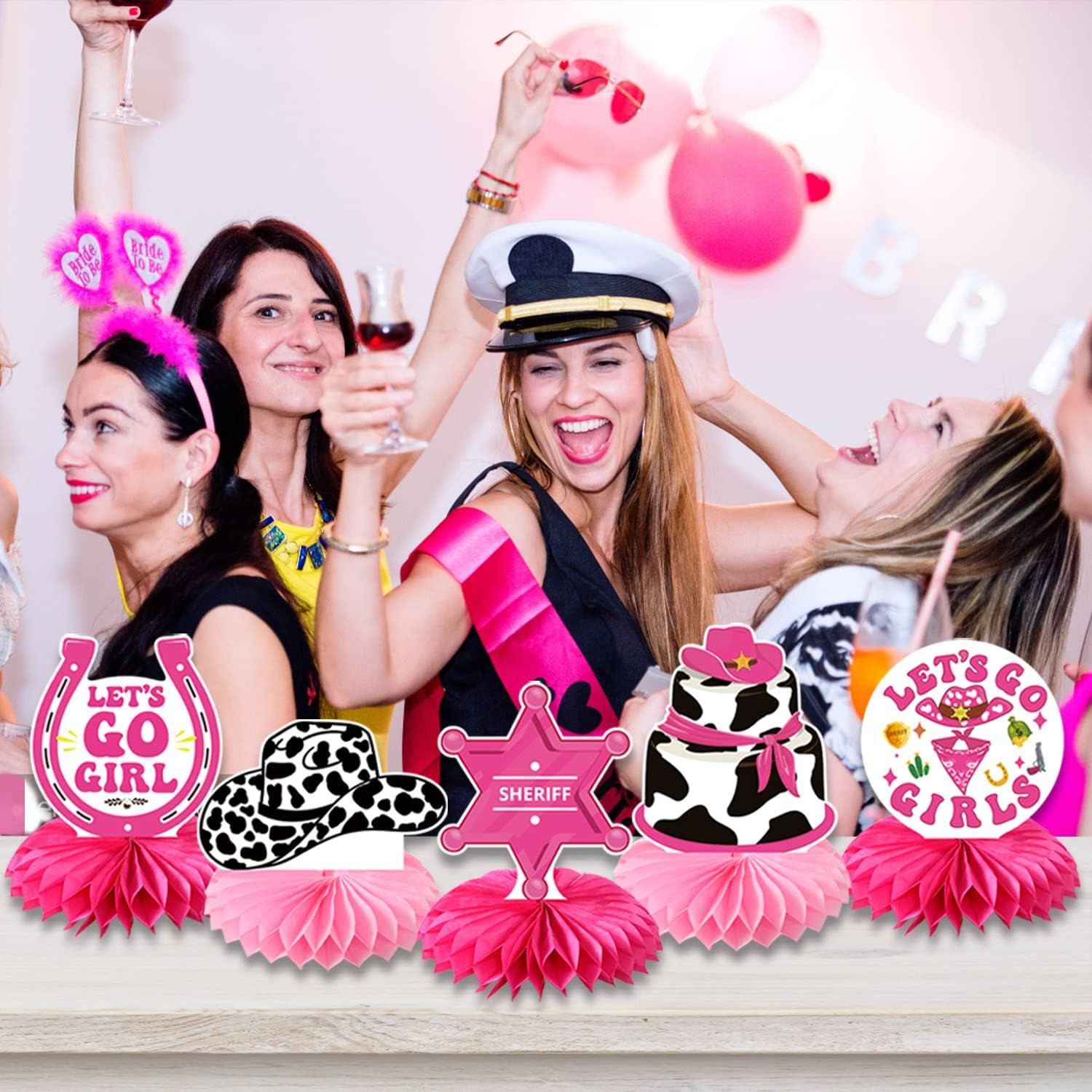 Lets Go Girls Bachelorette Party Decorations - 9Pcs Disco Cowgirl Decorations Honeycomb Centerpiece Pink Bachelorette Party Decorations Disco Western Cowgirl Party Decorations Girls image number 1
