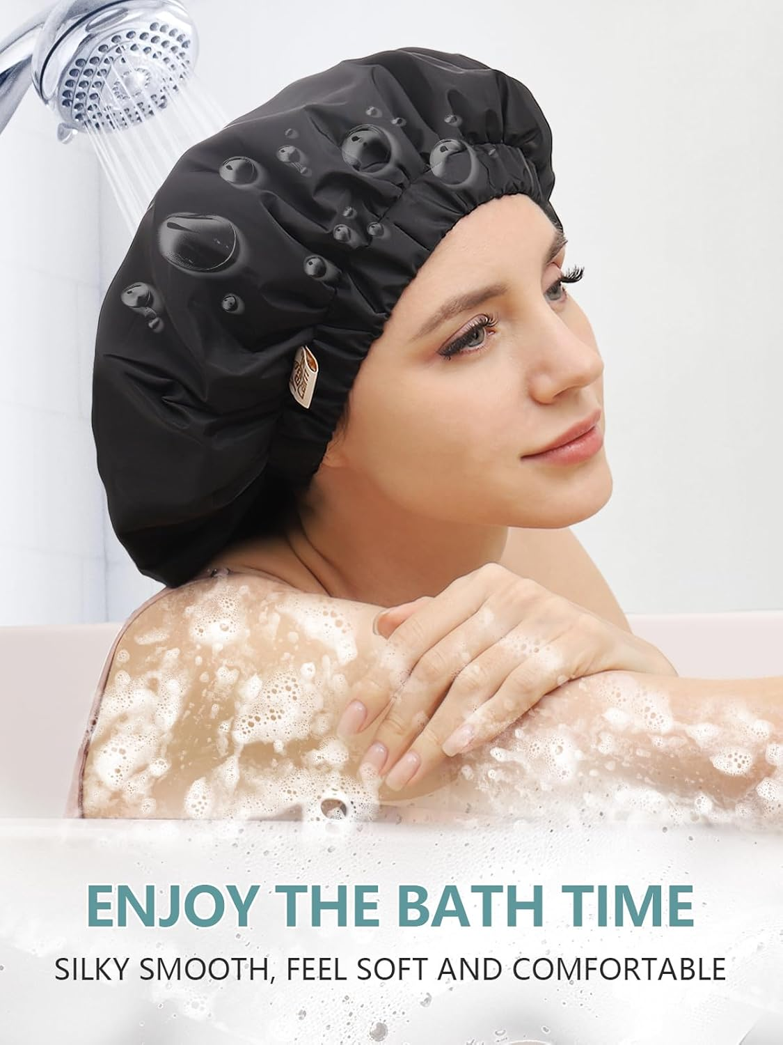 Years Calm Reusable Waterproof Shower Caps for Women, Hair Caps for Showers, Double-Layer Elastic Design, for All Hairstyles, Travel-Friendly (Black) image number 4