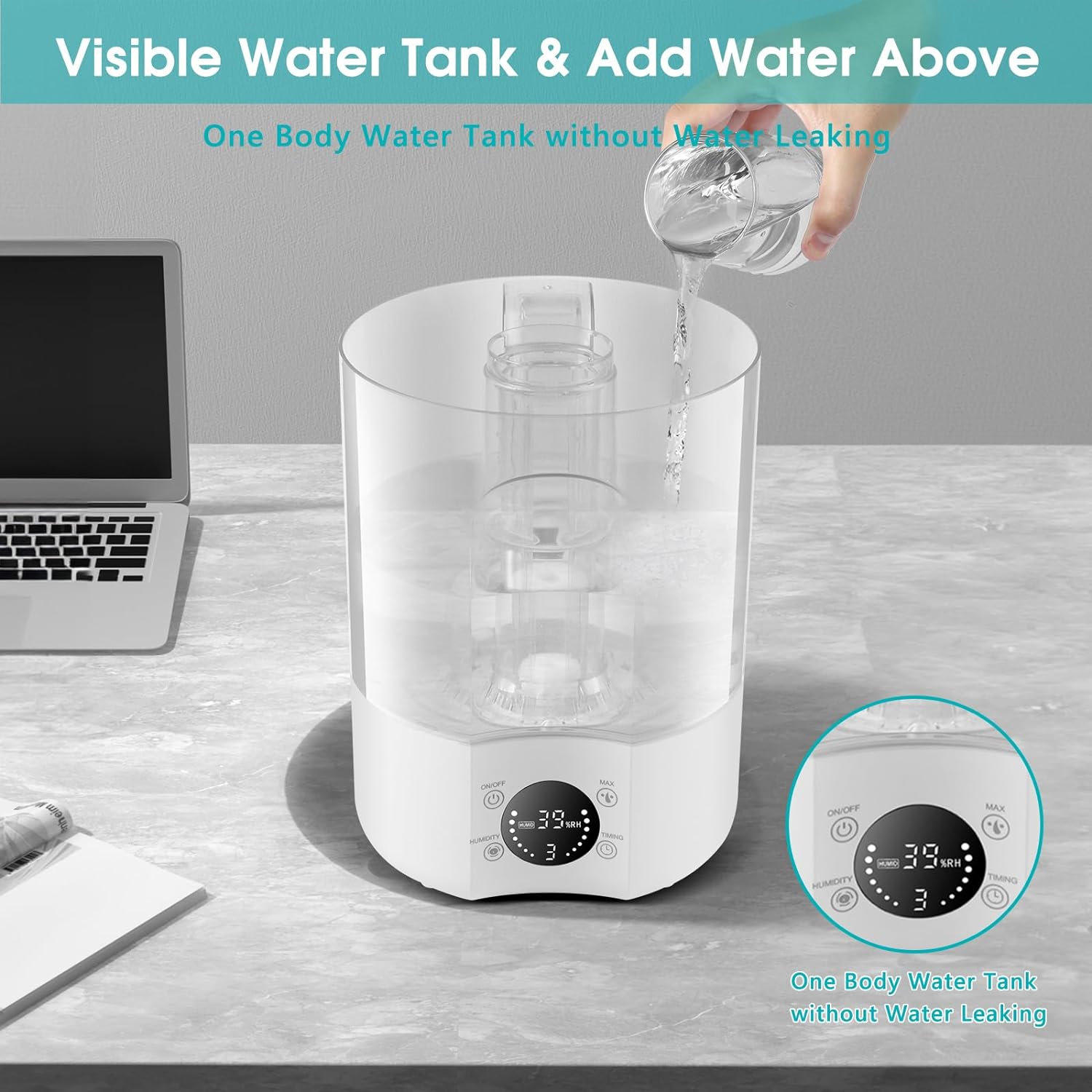 Air Humidifier with 4L Capacity, One Body Visible Water Tank, Ultrasonic Cool Mist, Add Water Above, Adjustable 360 Degree Knob, Auto Shut-Off, Digital Display, Aroma Diffuser, Low Noise Use. image number 5