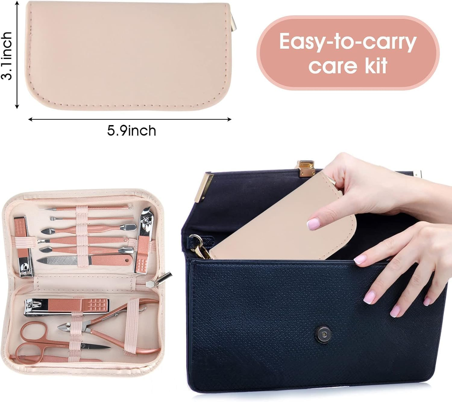 Nail Clippers and Beauty Tool Portable Set, Rose Gold Martensitic Stainless Steel Manicure Set 12 in 1, with Pink Leather Bag, Suitable for Home, Workplace, Outdoor Travel, Gift Giving, Beauty Salon. image number 4