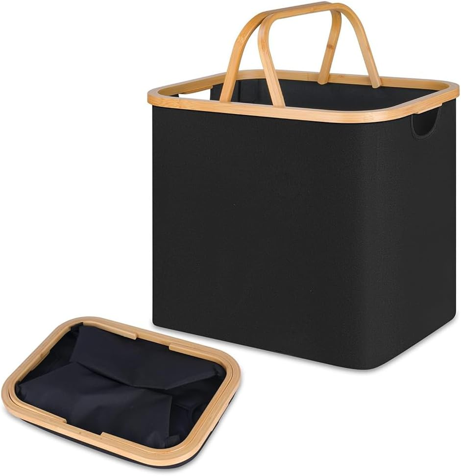 Foldable Laundry Basket with Wooden Handle, Home Dirty Laundry Hamper, Multi-Function Storage Basket for Toys, Blankets and Clothes, Suitable for Living Room, Bathroom, Laundry Room, Etc. (Black) image number 5