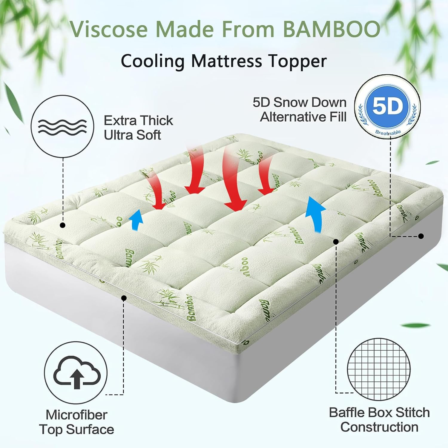 PATSBA Bamboo Extra Thick Queen Mattress Topper for Back Pain,1200 GSM Quilted Fitted Mattress Pad Pillow Top Mattress Cover with Deep Pocket up to 21 Inches (60 * 80 In) image number 4