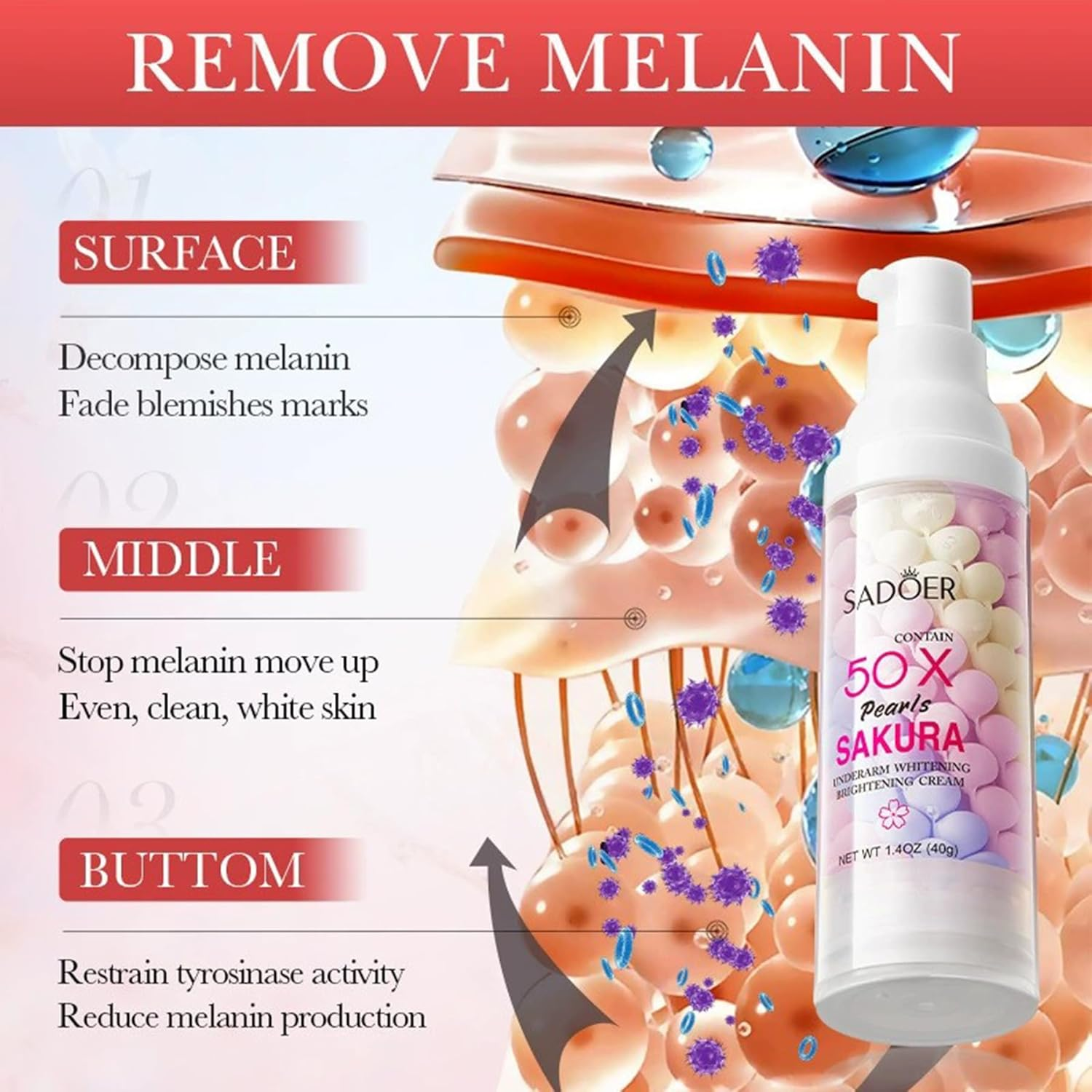 Skin Whitening Cream Gentle Formula Cherry Blossom for Dry Arm Black Spots Body Legs Underarms Bikini Area Skin Whitening Bleach with Smoothness Moisturizng 40G 1.4OZ image number 5