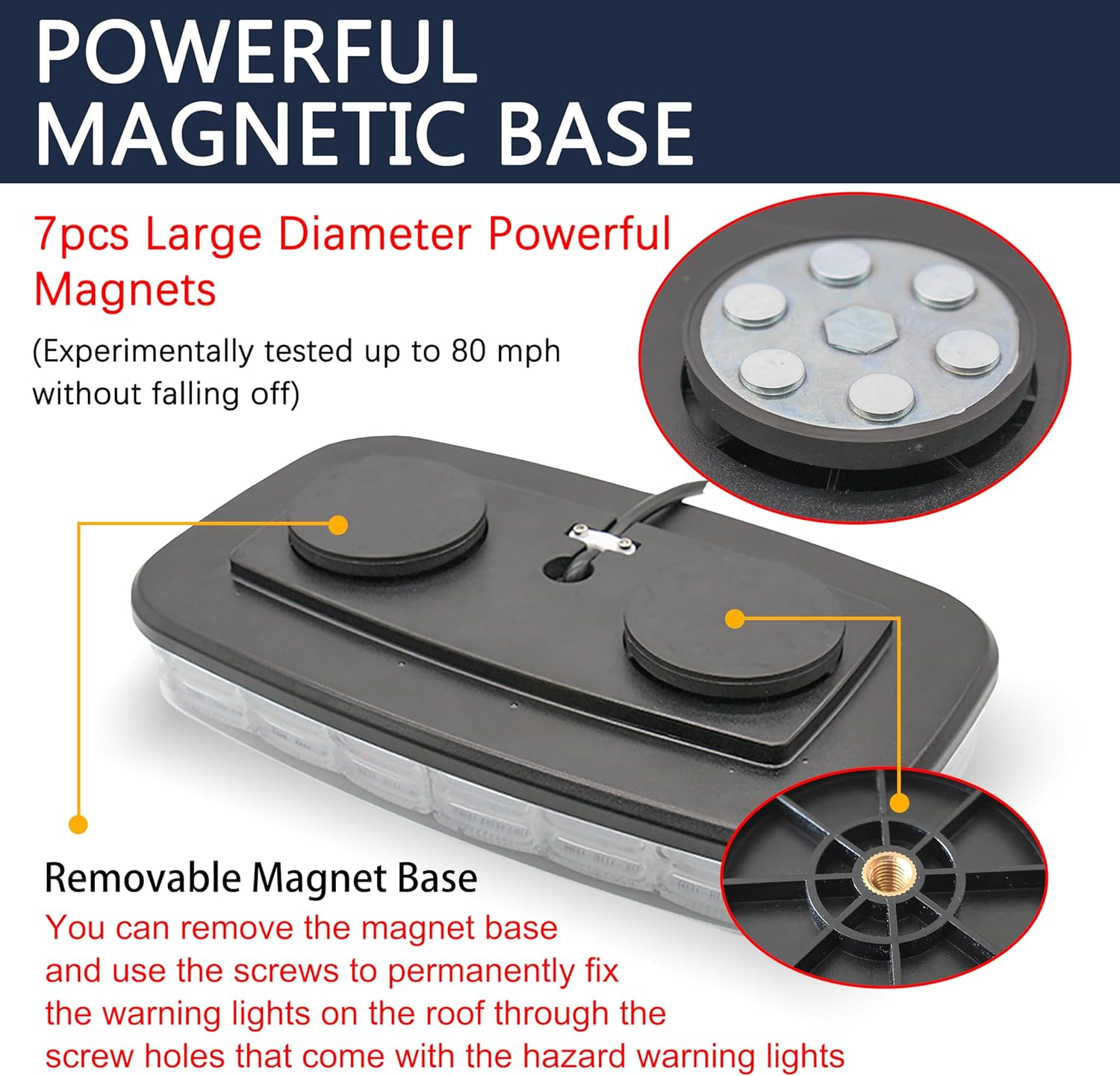 108LED Roof Top Mini Emergency Strobe Light Bar for Vehicle, Flashing Safety Warning Light with Magnetic Base, Beacon Light for Snow Plow, Truck, Construction Vehicle (Amber/White) image number 3