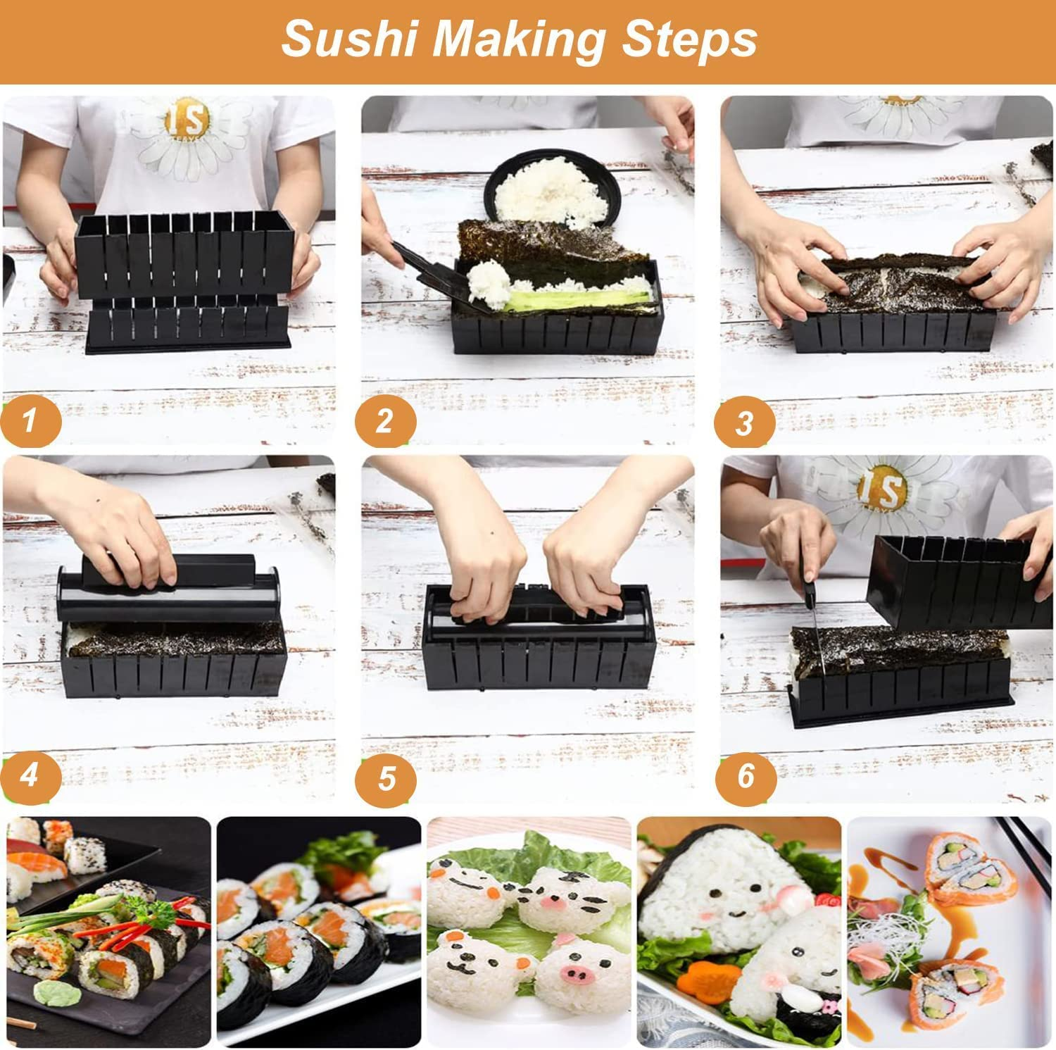 DIY Sushi Making Set - 10 PCS Production Kit with Rice Roll Mold Shapes and Fork, Premium Mold Maker for Maki Rolls, Easy and Fun for Daily Use (Black) image number 1