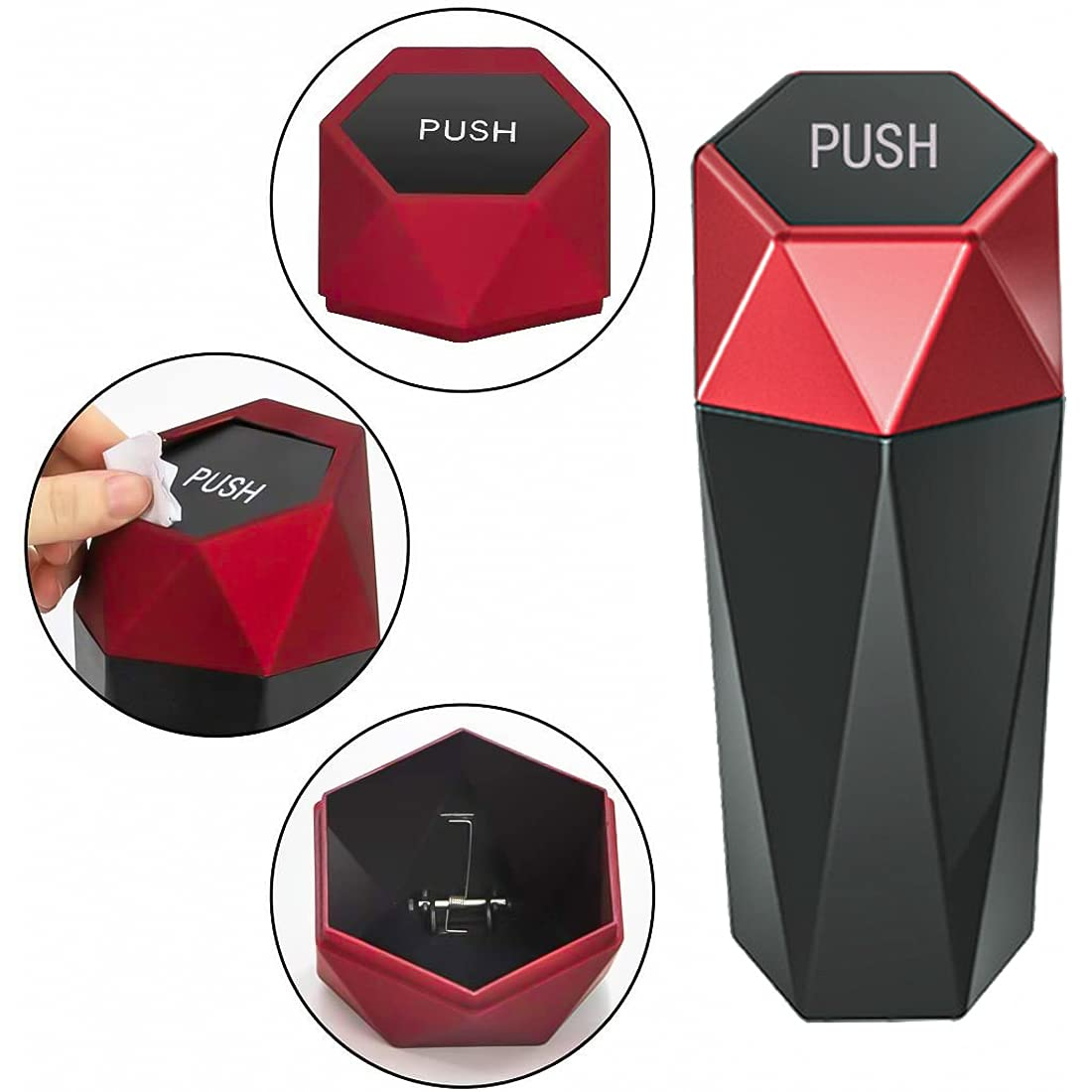 Car Trash Can with Lid, Leak Proof Automotive Portable Trash Bin, Diamond Design Easy to Clean Plastic Desktops Dustbin Organizer for Car Home Office (Red) image number 4