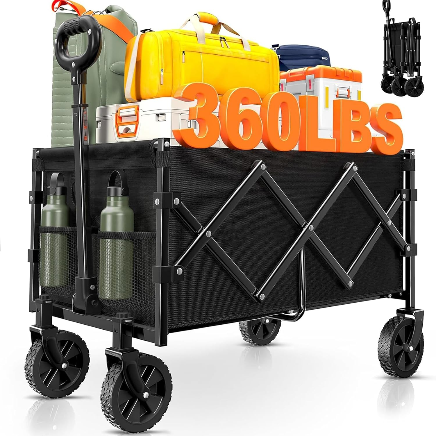 Collapsible Wagon Cart Foldable - Portable Heavy Duty Folding Beach Wagons with Wheels - Outdoor Utility Carts for Groceries, Shopping, Camping, Sports, Garden with Large Capacity (Black)