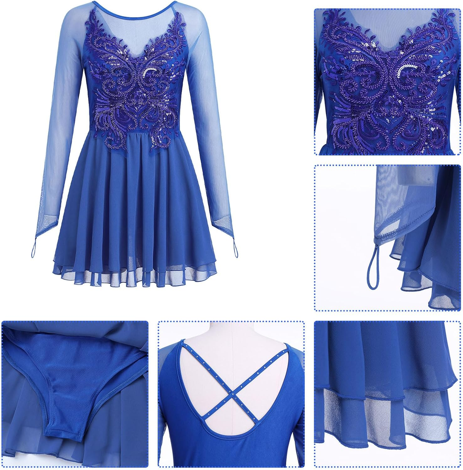 ODASDO Figure Skating Dress for Women Mesh Long Sleeve Criss Cross Back Sequin Bead Chiffon Skirted Leotard Dancewear image number 1