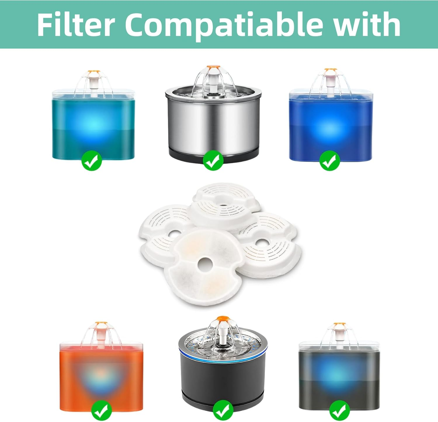 4 Packs Cat Water Fountain Filters & 4 Pack Pump Filters for 67Oz/2L Automatic Cat Fountain Dog Water Dispenser, JOMWEN Pet Pre-Filter Sponges