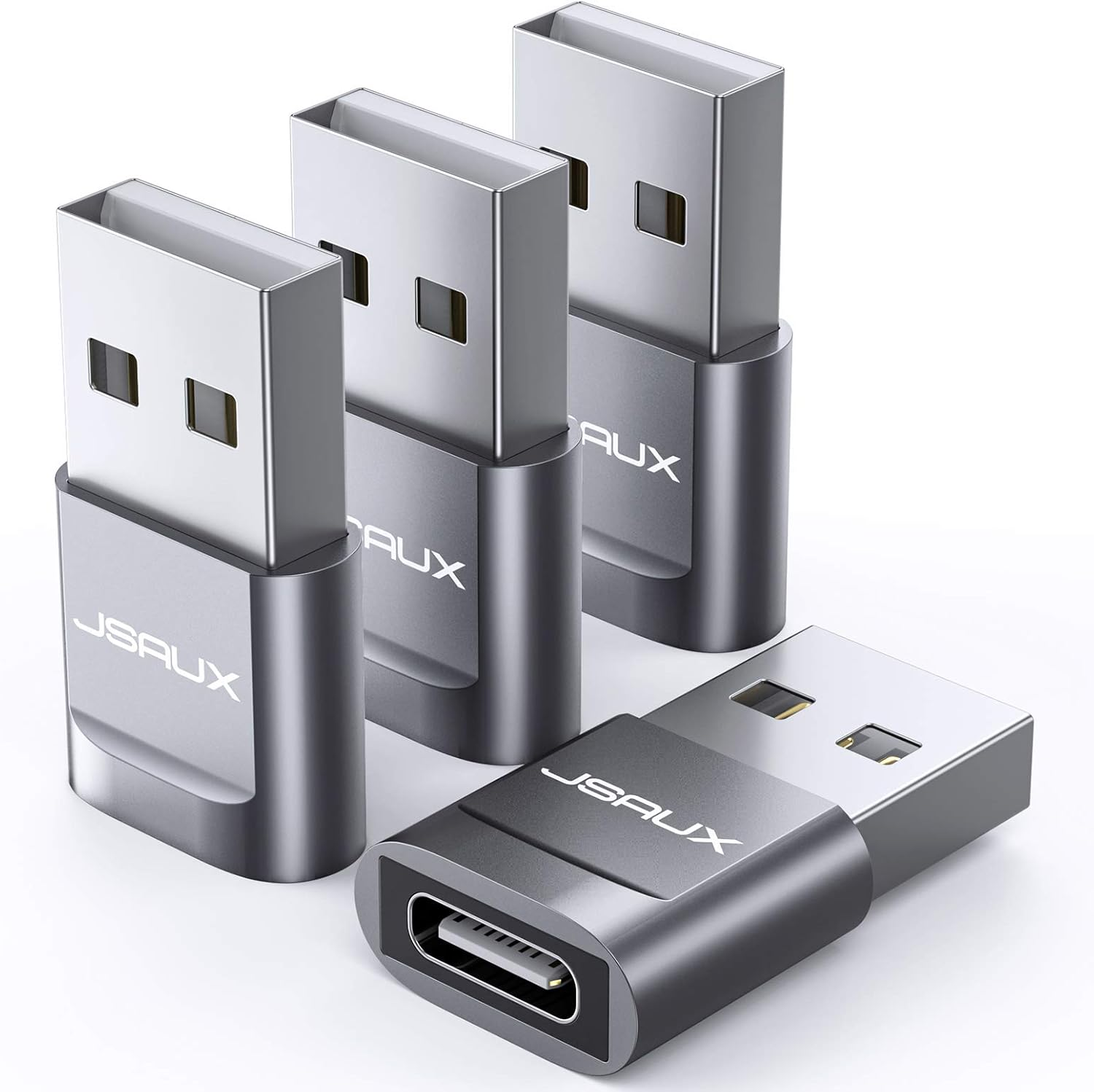 JSAUX USB C Female to USB a Male Adapter 4-Pack, Type C to USB Charger Cable Adapter Compatible with Iphone 16/15/14/13/12 Mini/Pro/Pro Max, Samsung Galaxy S24/S23 Note 10/20, Apple Watch Series-Grey