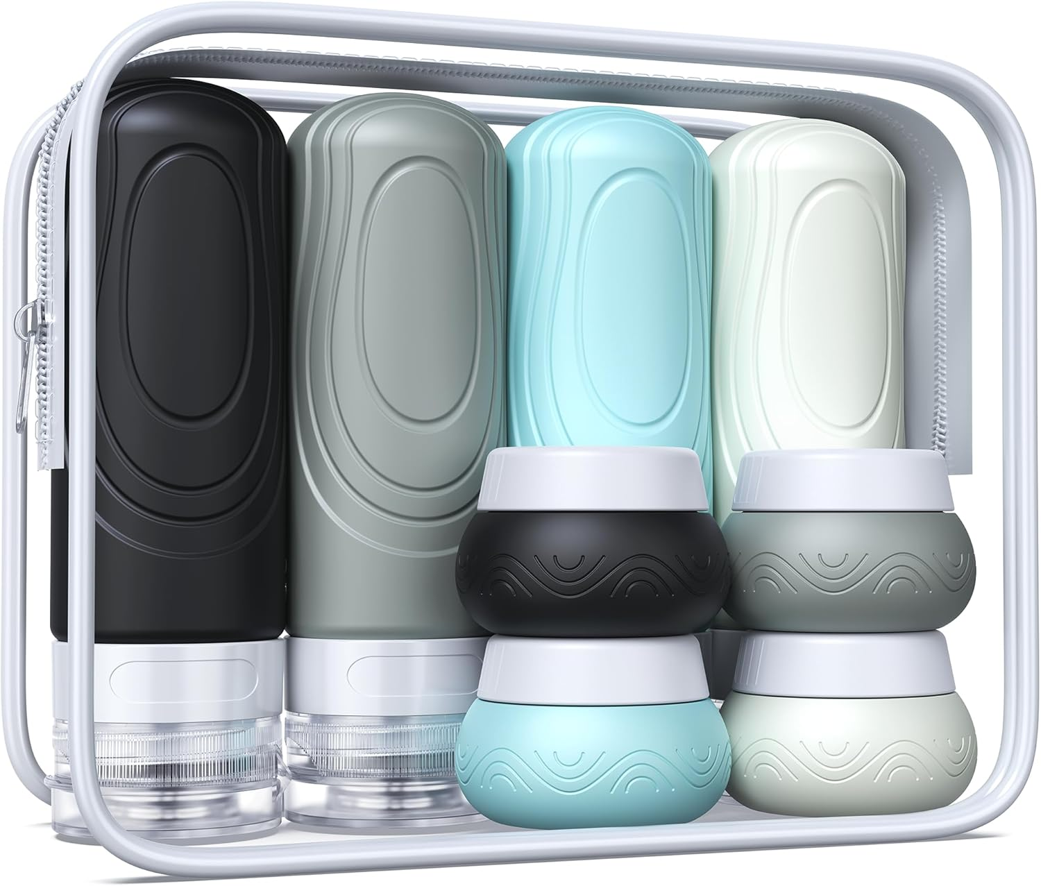Aeomni Silicone Travel Bottles Set, TSA Approved 3-1-1 &mdash; 4&times; 89 Ml (3 Oz) Squeeze Bottles + 4&times; 30 Ml (1 Oz) Jars, Food-Grade, Leak-Proof, Refillable, with Clear TSA Bag &mdash;Grey Gradient