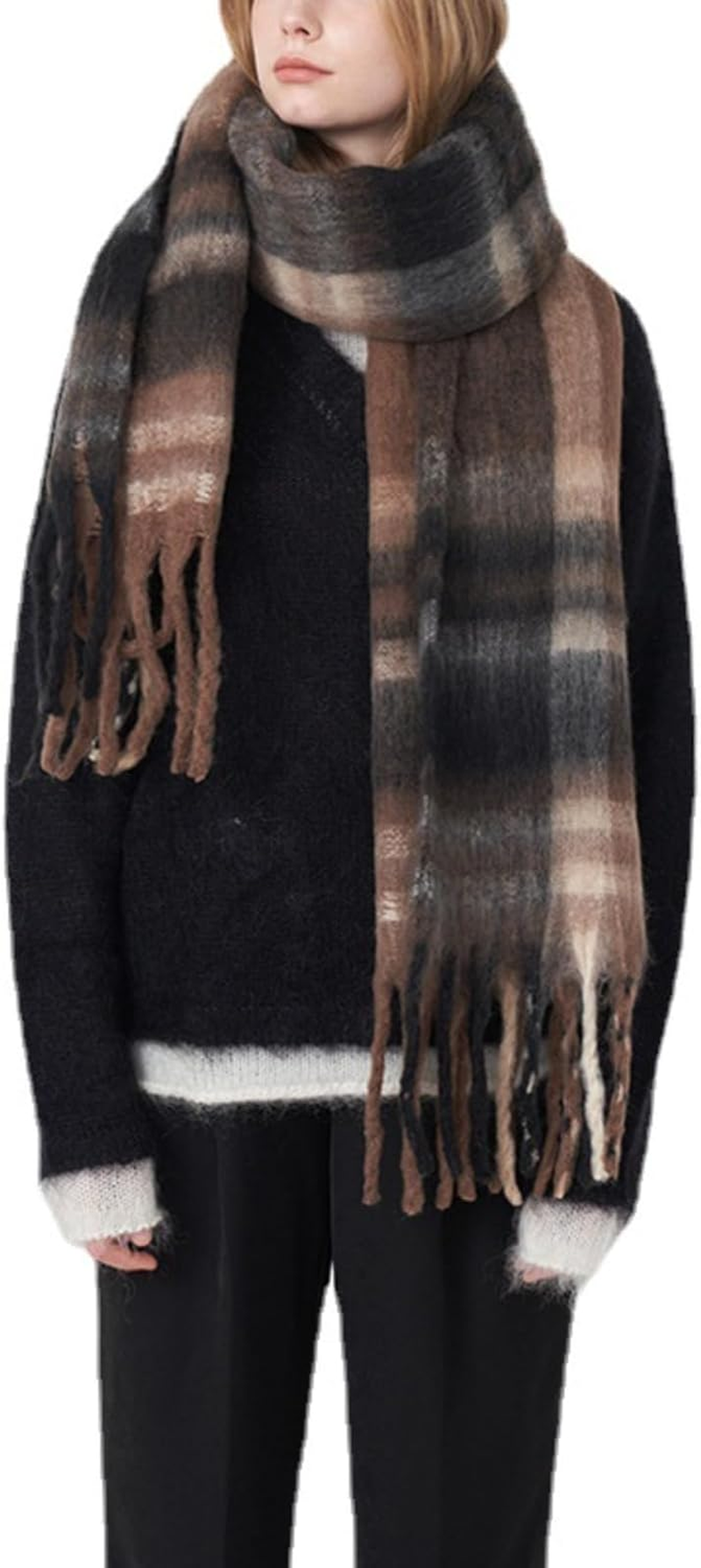 MININAI Womens Large Chunky Color Block Tassel Scarf Oversized Thick Scarves Long Shawl Fashion Winter Warm Blanket Scarf