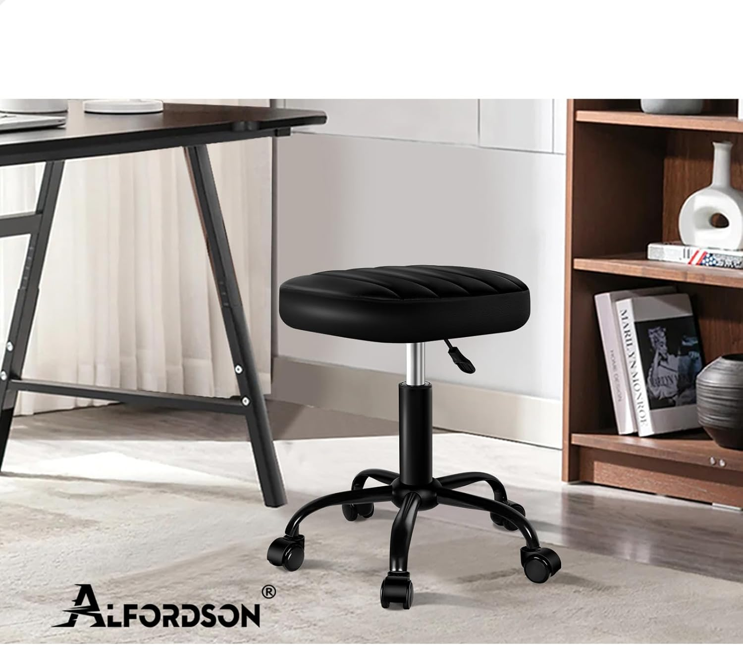 ALFORDSON Salon Stool with PU Leather Upholstery, Adjustable Drafting Rolling Stools in 49-64.5Cm Height, Swivel Spa Chair with Rolling Wheels Hair Barber for Massage Table(Lina Black) - Lina Black image number 5