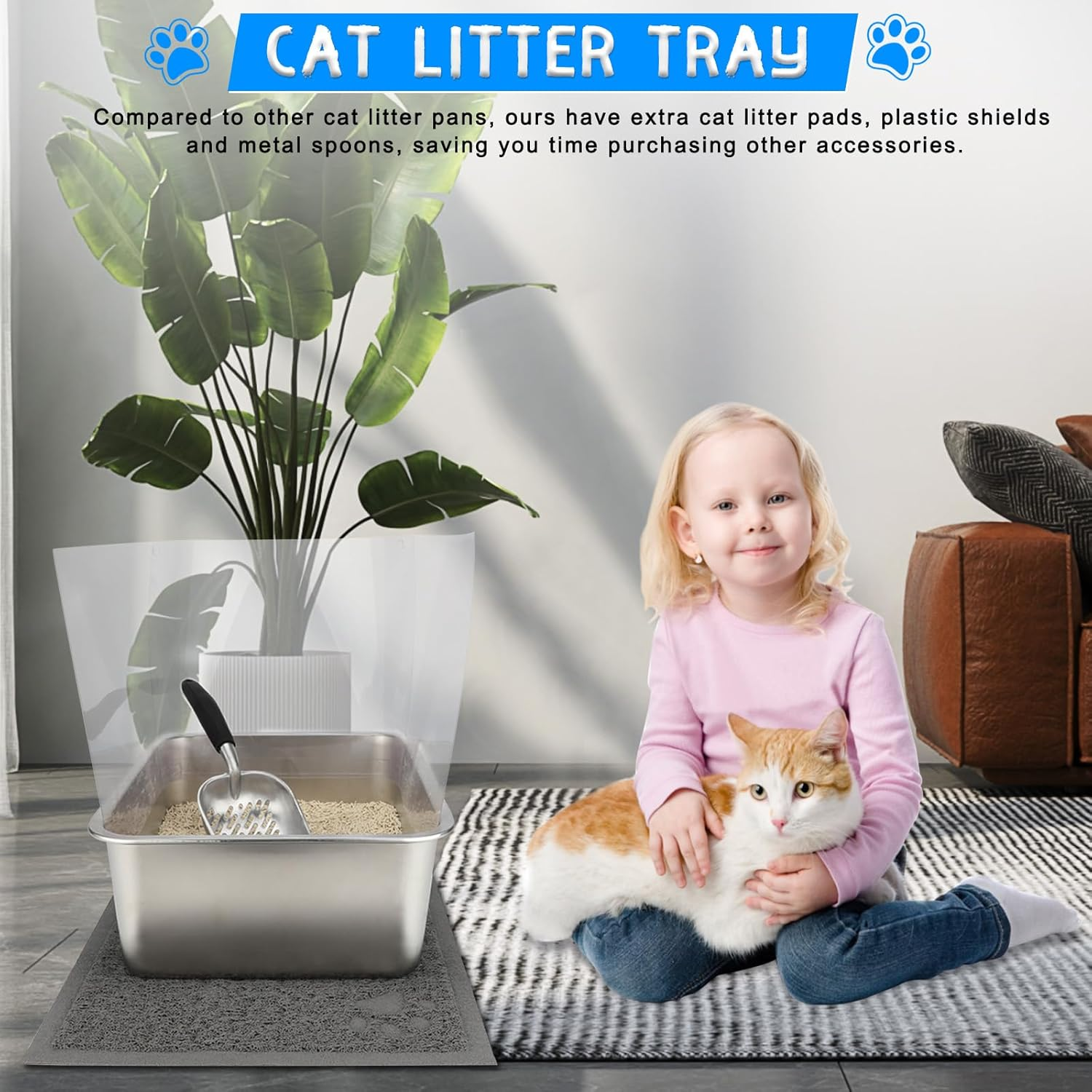 YUEPET 2 Sets Stainless Steel Cat Litter Box with High Sides, Durable Metal Cat Litter Basin Pan Easy to Clean Cat Litter Tray for Odor Control with Cat Litter Scoops Cat Litter Mats 17.5"X13.6"X6" image number 2