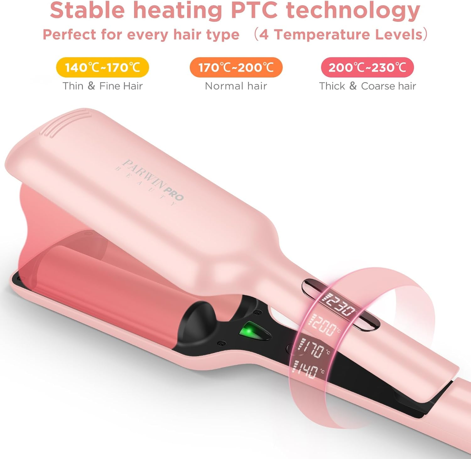 2 Barrel Hair Crimper Waver for Hair, 32MM Waver Curling Iron for Large and Beach Curls, PARWIN PRO BEAUTY Beach Waves Curling Wand with 4 Adjustable Temperatures, Instant Waves (Pink) image number 1