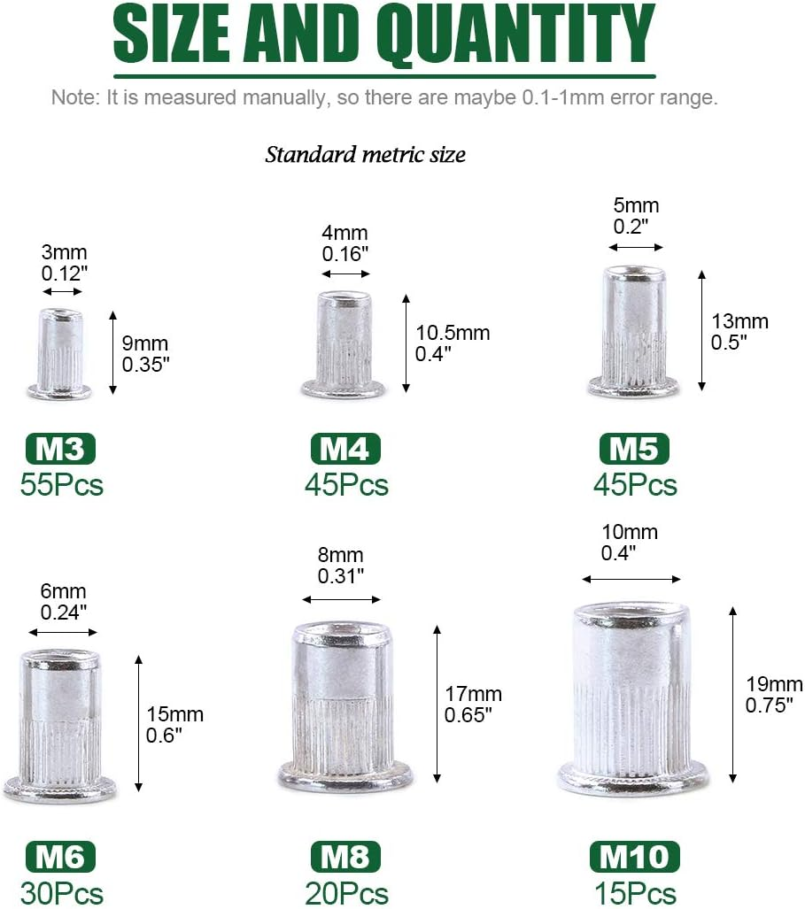 Keadic 210Pcs Metric Aluminum Rivet Nut Flat Head Threaded Insert Nutsert Assortment Kit - M3 M4 M5 M6 M8 M10