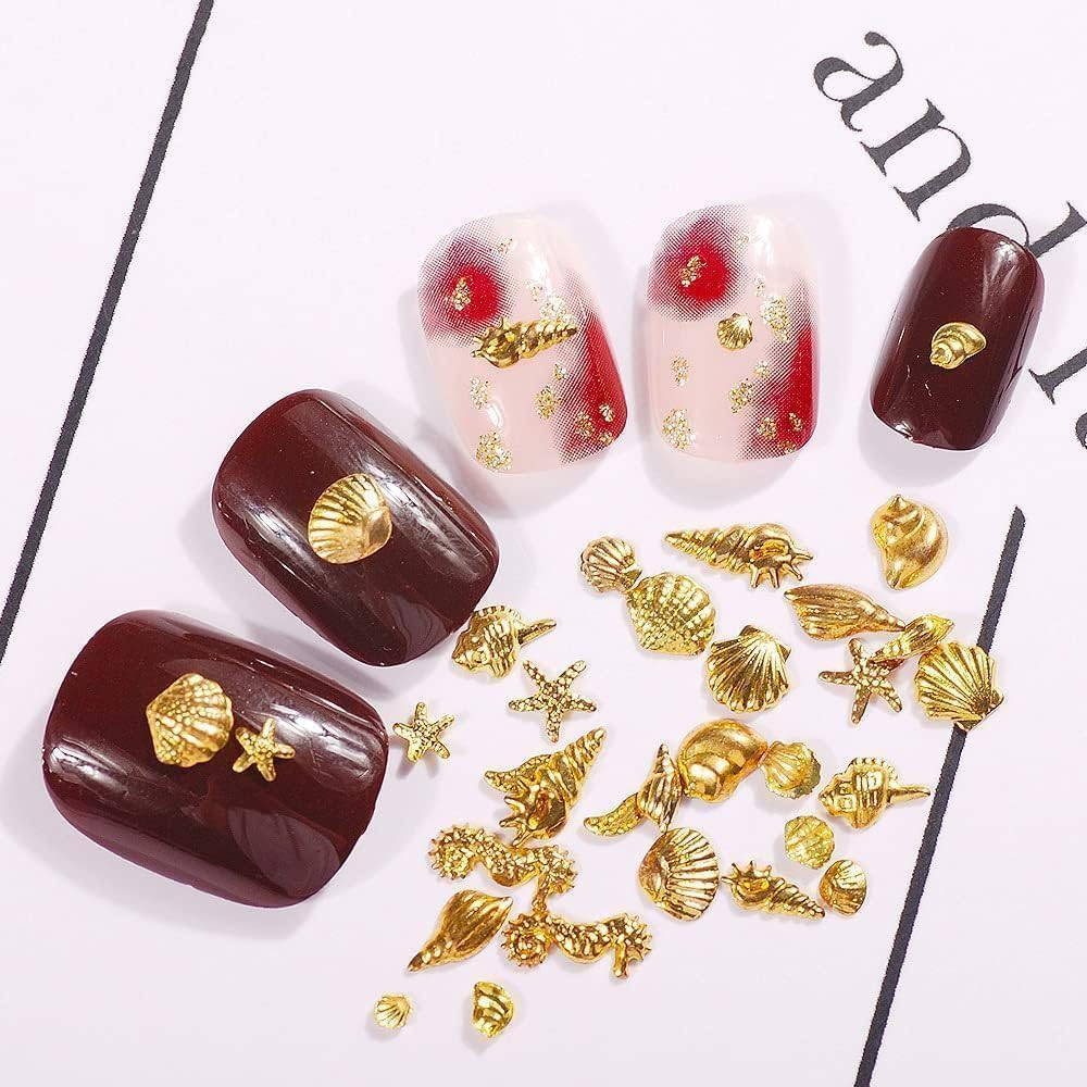 12 Styles Nail Art Metal Studs Gold Metallic 3D Pieces Rivet Palm Tree Turtles Marine Life Charms for Summer Beach Ocean Manicure DIY Acrylic Nails Design Supply Nail Art and Polish(Gold Ocean Studs) image number 4