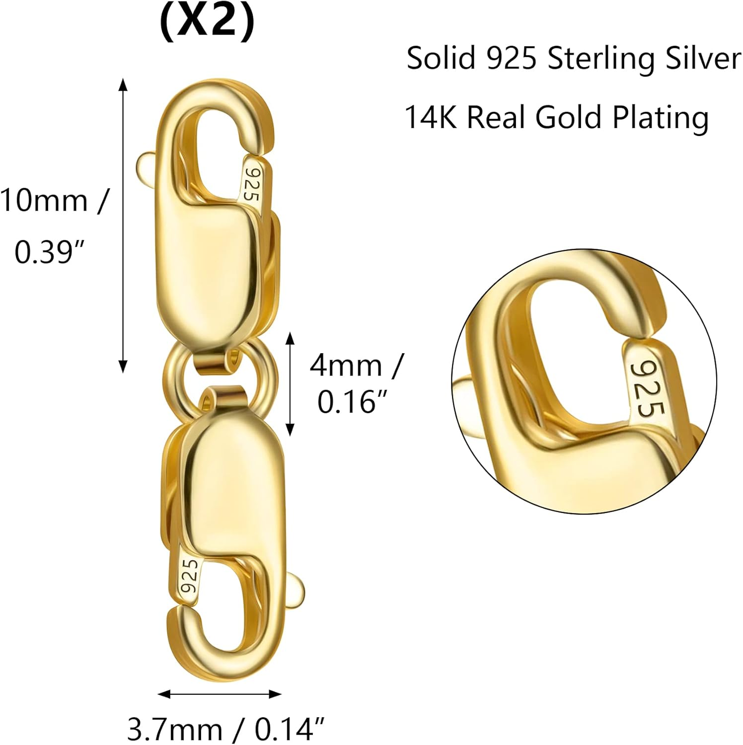 Bracelet Extender Gold Necklace Clasps and Closures 14K Gold Plated 925 Sterling Silver Double Lobster Clasp Double Claw Connector for DIY Jewelry Making（2Pcs） - B-2 Pcs Gold image number 7