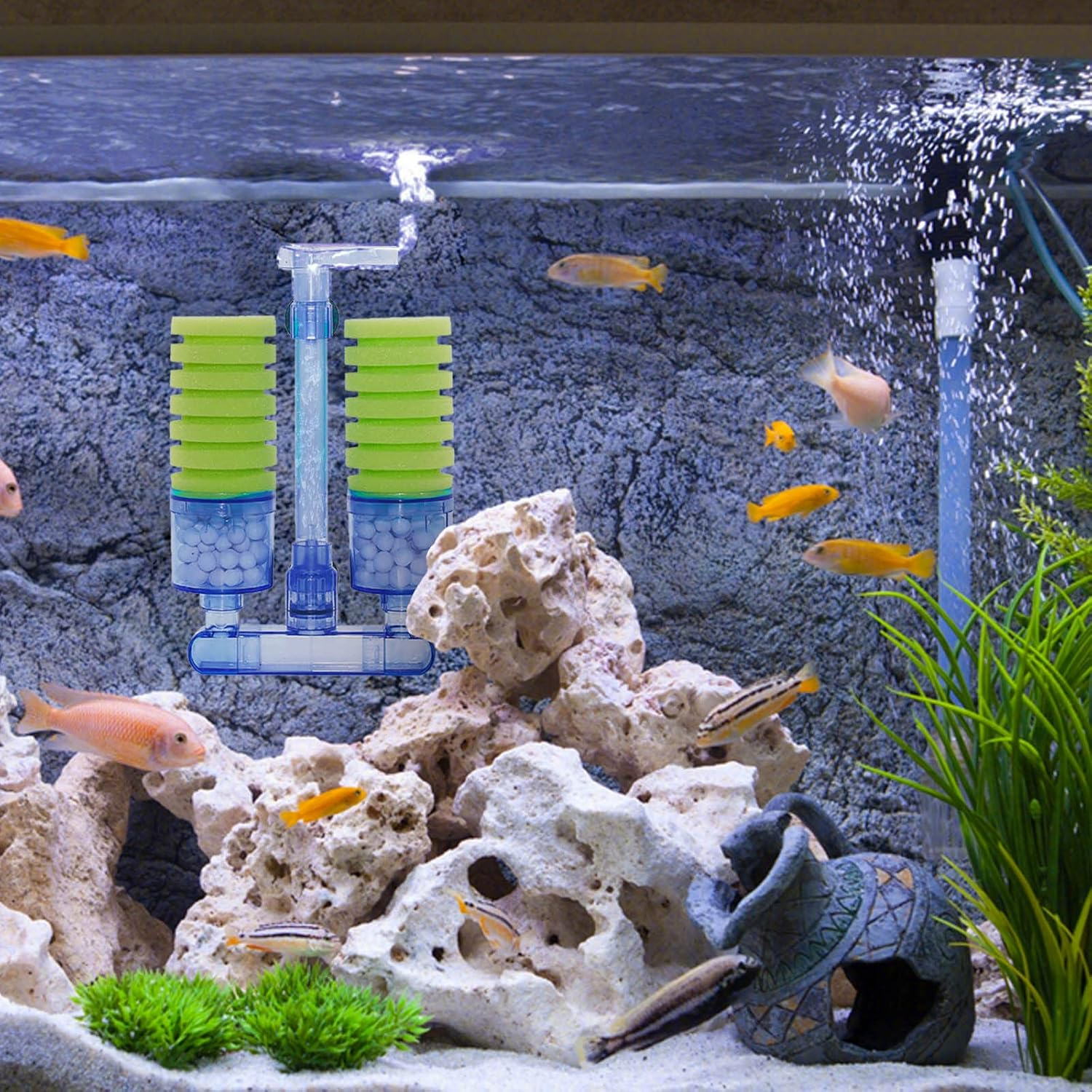 Boxtech Aquarium Biochemical Sponge Filter, Ultra Quite Aquarium Double Head Bio Sponge Fish Tank Foam Filter-Green image number 2