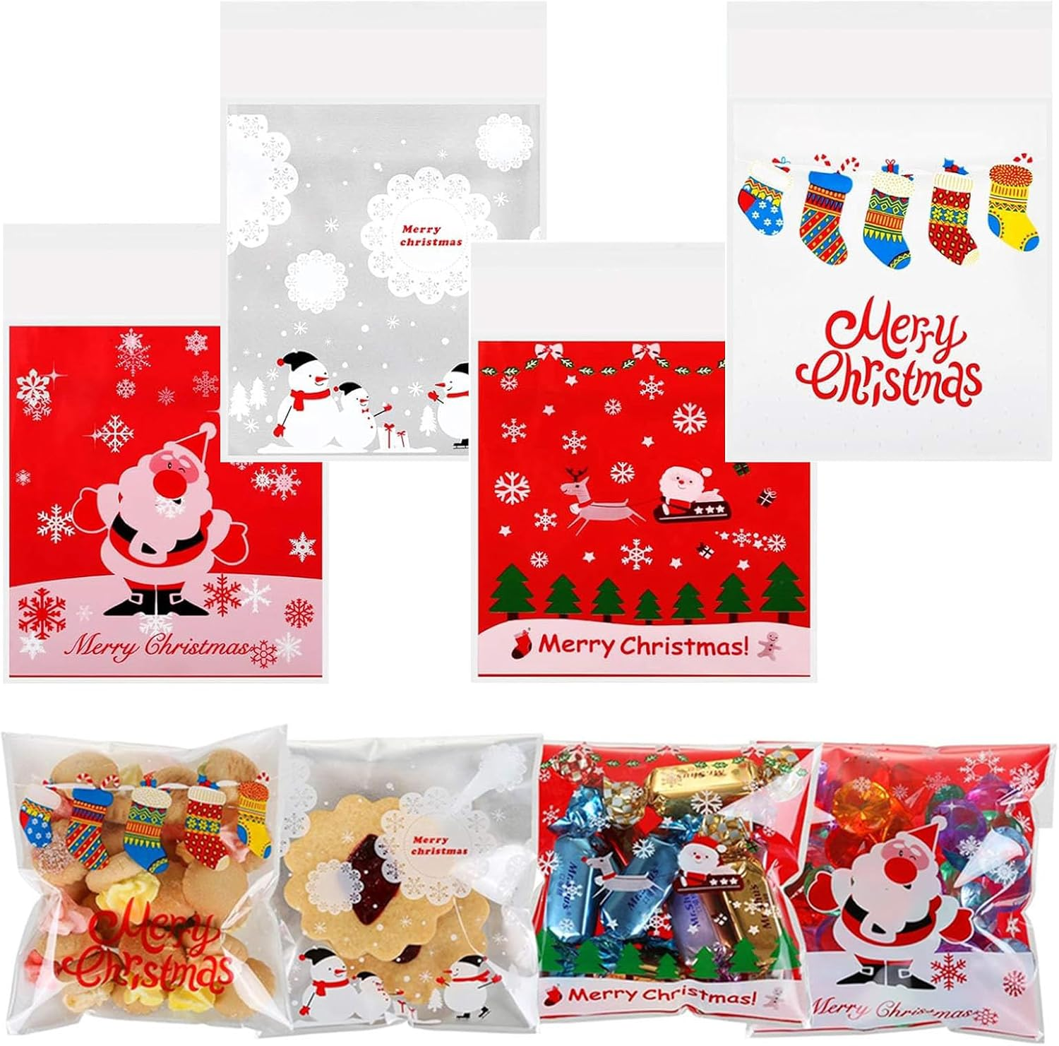 Christmas Self-Adhesive Candy Cellophane Bags,Tuoyi 200Pcs 4 Different Patterns Xmas Treat Cookie Bags for Christmas Holiday Party Favor Gift Decoration Supplies image number 5