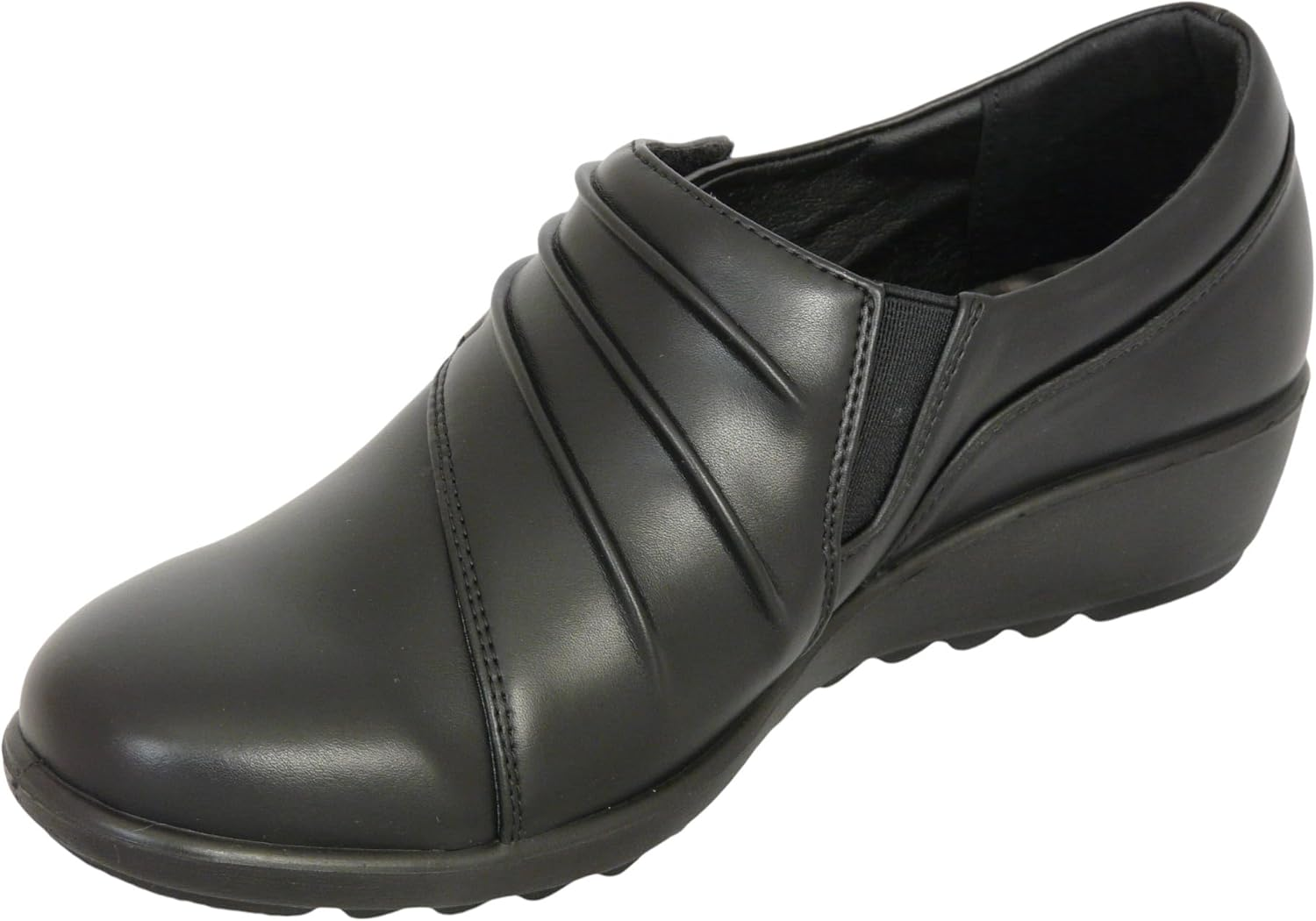 Cushion Walk Wide Fitting EEE Fit Black Shoes Women'S Ladies Lightweight Faux Leather Slip-On Flat Shoes, Flats, Casual Work Office Comfort Shoes, with Button Detail