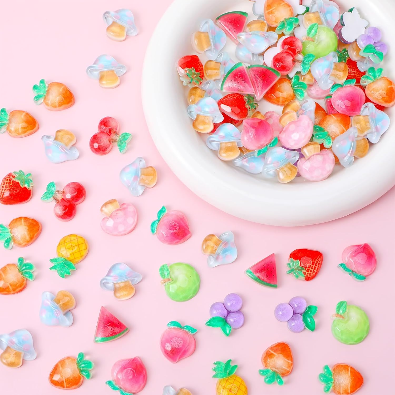 YBEATY 100PCS Charms Cute Set Sweet 3D Nail Nail Charm Mixed Flatback Resin Charms Color Fruit Watermelon Mushroom Peaches Grapes Charm for Art Decorations DIY Accessories Crafts Phone Case Ornament