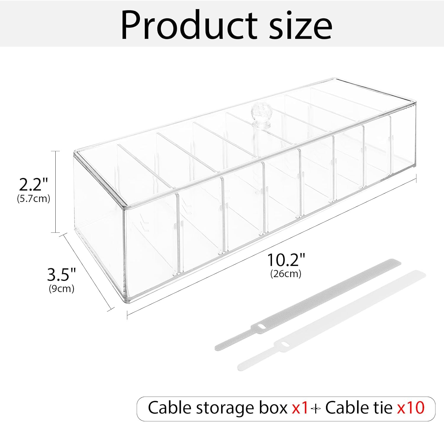 Cable Organizer Box with 10 Wire Ties, Clear Charger Cord Storage Organizer Case, Desktop Drawer Accessories Power Wire Storage with 8 Compartments, Office, Home, Stationery Storage Supplies image number 5