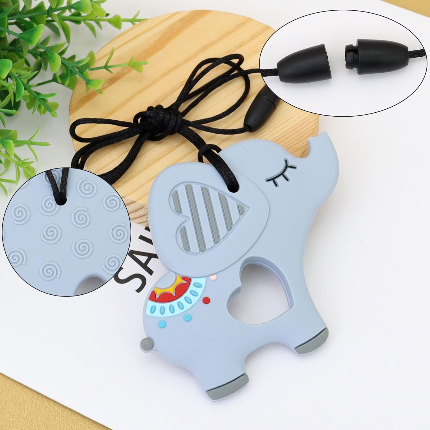 Panny & Mody Australian Local Manufacturer Sensory Chew Necklace, Silicone Elephant Pendant Teether Toy for Boy Girl Kids - Grey image number 2
