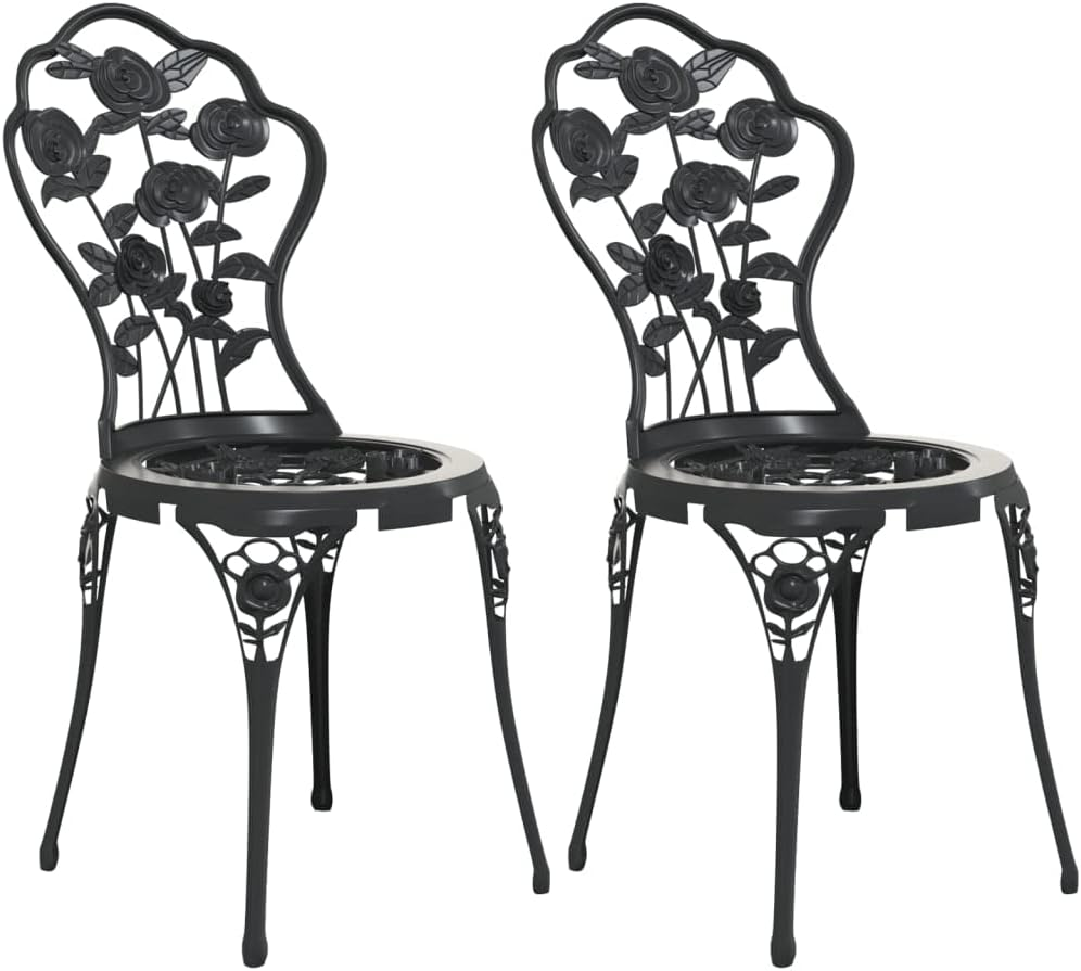 'Vidaxl Romantic Black Bistro Chairs - Duo Set with Decorative Floral Details, Cast Aluminium & Iron, Outdoor Furniture