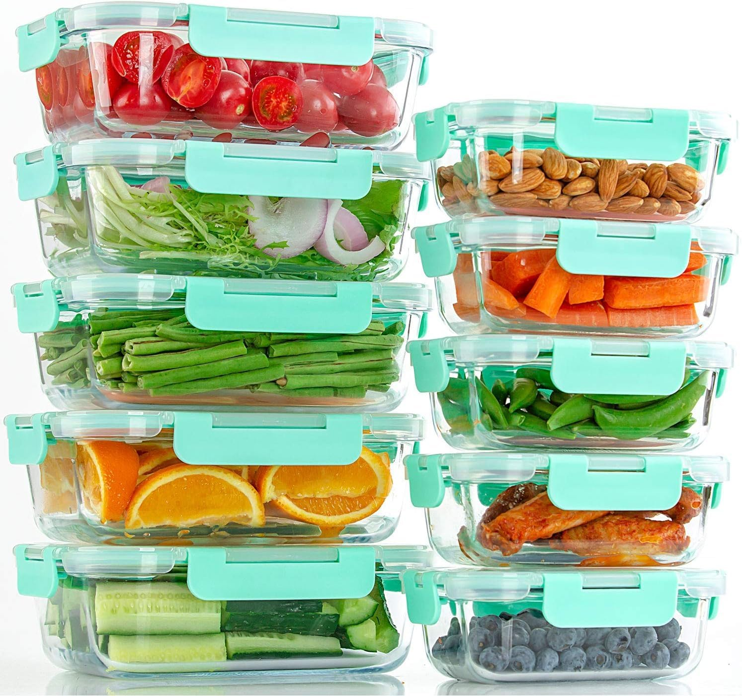 MINYII 10 Pack Glass Food Storage Containers with Lids, Meal Prep Pantry Kitchen Storage Containers for Lunch, Leak Proof, Airtight Glass Lunch Bento Boxes for Microwave, Oven, Freezer (10-Green-01) image number 2