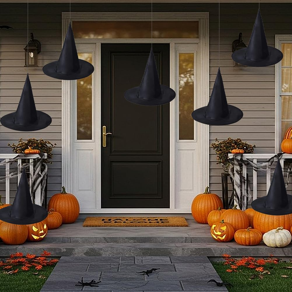 Geli 12 Pieces Halloween Witch Hats,Black Hanging Witch Hat, Wizard Hat Witch Costume Accessories Floating Hats with Rope for Halloween Decorations Indoor Outdoor image number 5