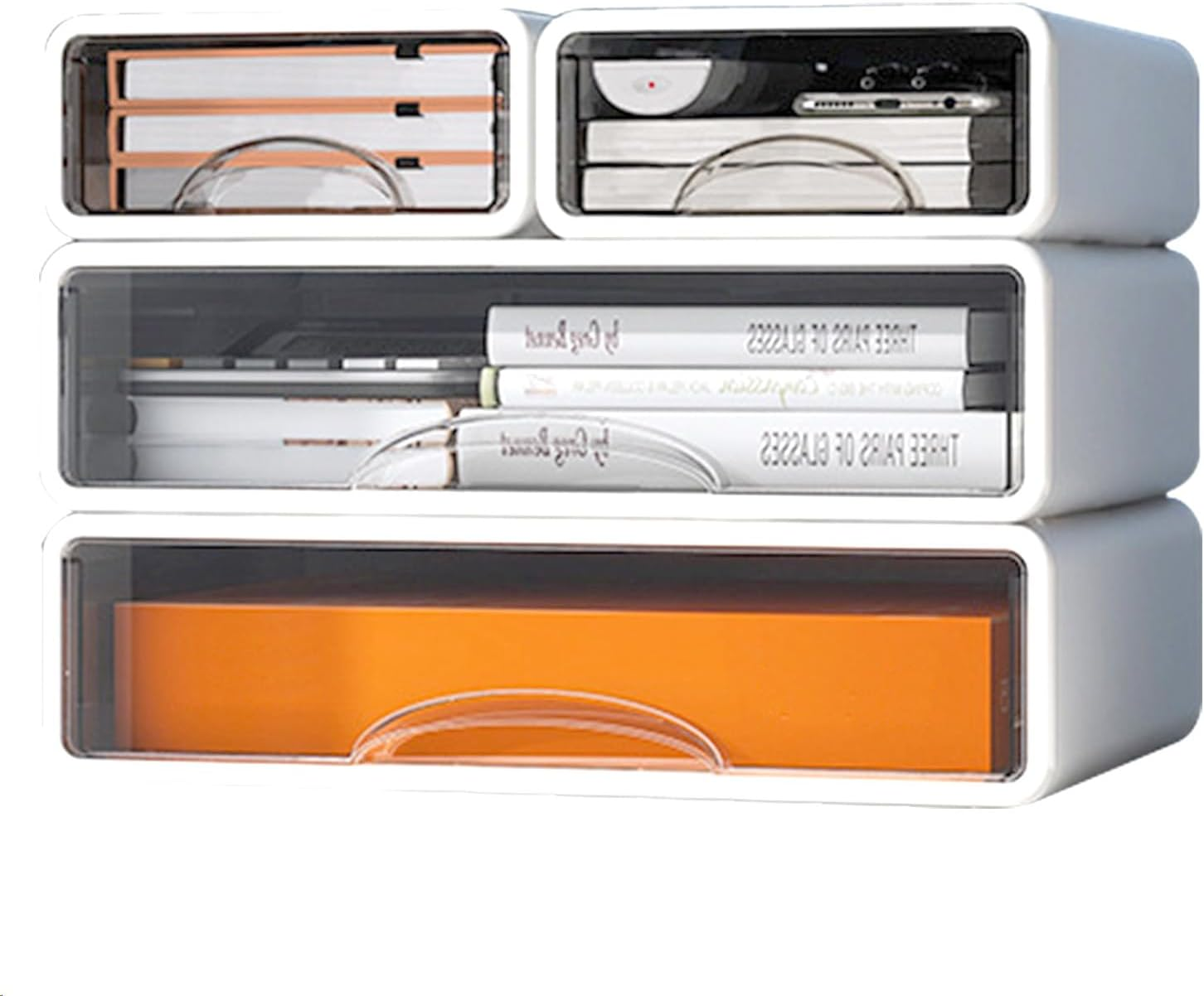 DAWNTREES Stackable Office Storage Box with Drawers｜ Desk Storage Box with 4 Drawers｜Organize Desk Accessories Plastic Desktop Storage Box，Desk Accessories (4S)