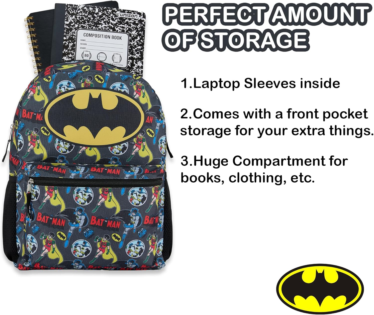 DC Comics Kids Batman Backpack - Batman, Superman, the Joker Bookbag for Boys Girls Toddlers and Adults School Bag image number 6