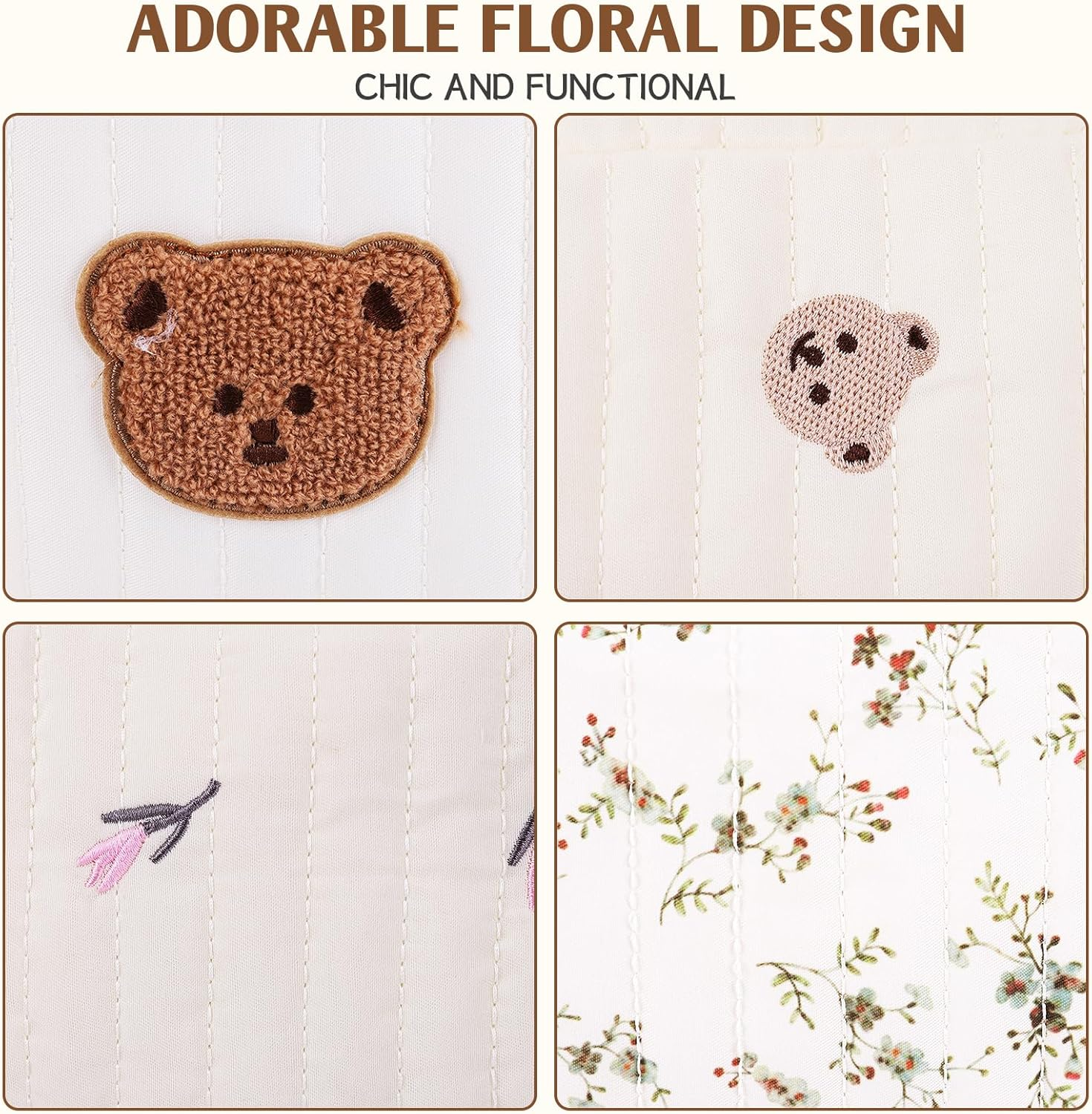 Floral Quilted Duffle Bag for Women Cotton Coquette Bag Large Floral Travel Duffle Weekend Bag with Adjustable Carry Strap - White image number 5