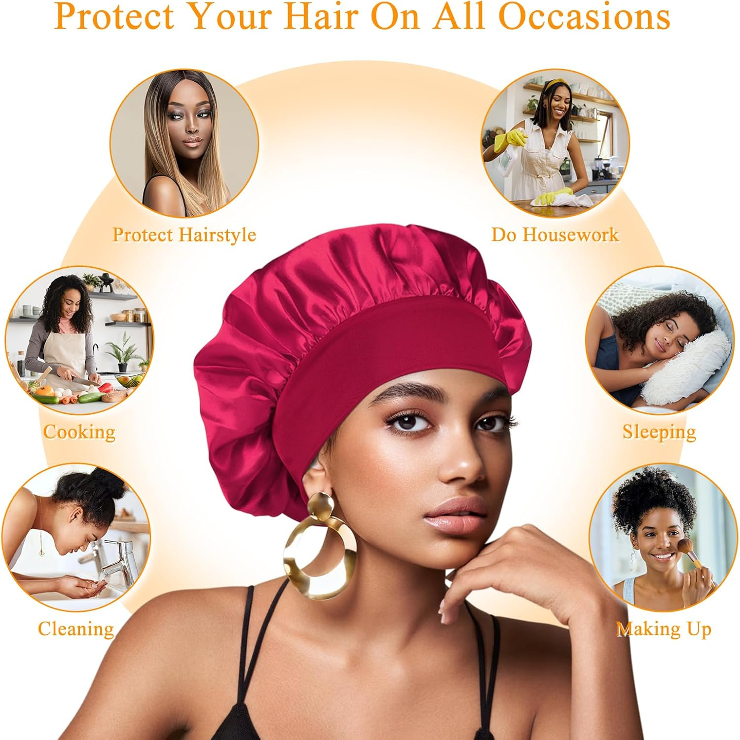 2 Pcs Silk Hair Wrap for Sleeping, Stain Bonnets Hair Bonnet with Wide Elastic Band, Soft Night Sleep Cap for Women Girls, Curly Hair Care Head Cover for Night Sleep (Black+Beige)