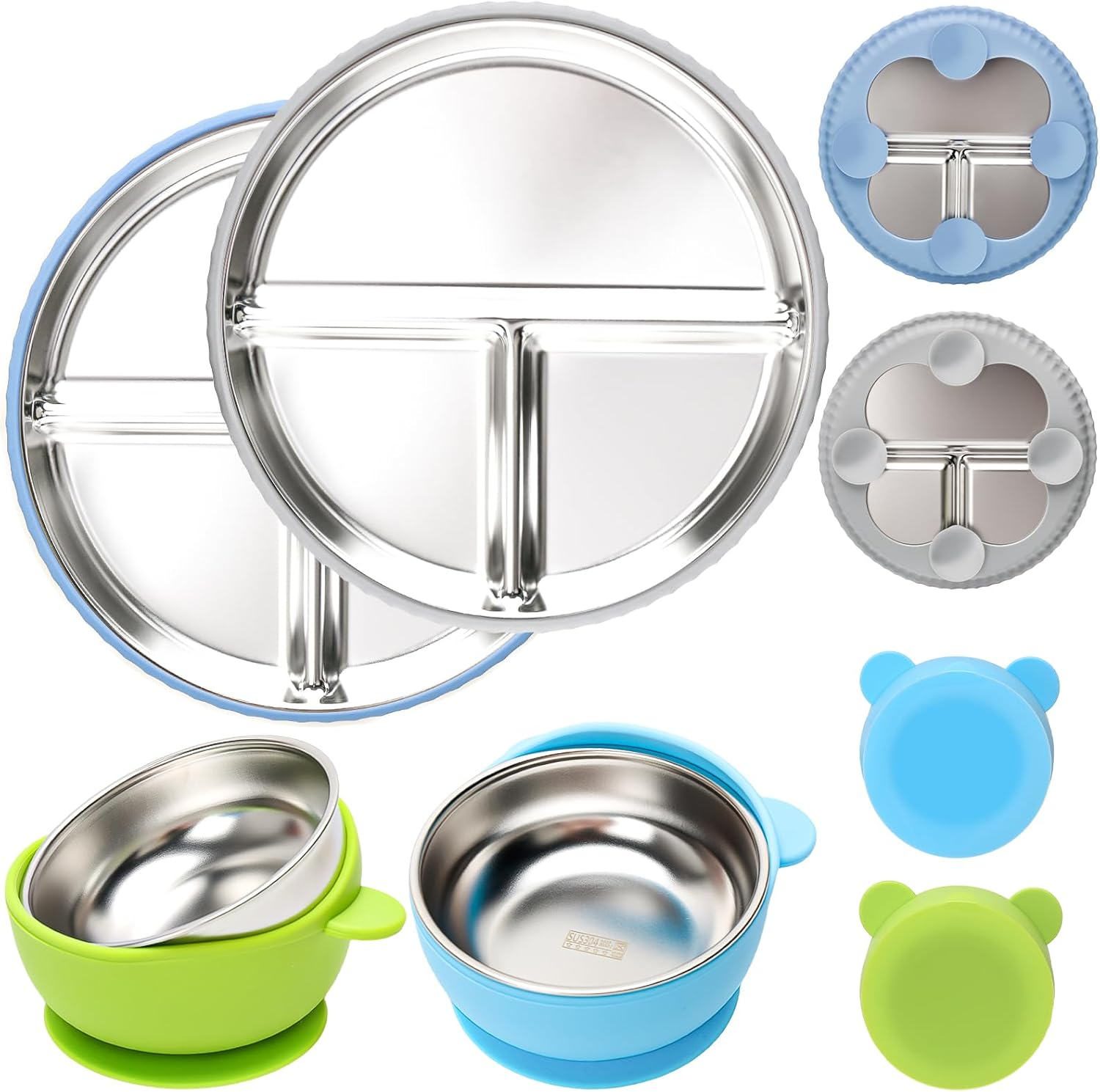 Baby Stainless Steel Feeding Set - 2 Four Leaf Clover Plate + 2 Bowls with Removable Silicone Lids | 100% Food Grade 304 Steel | Dishwasher Safe Toddler Tableware (Blue-Gray Plates, Blue-Green Bowls)