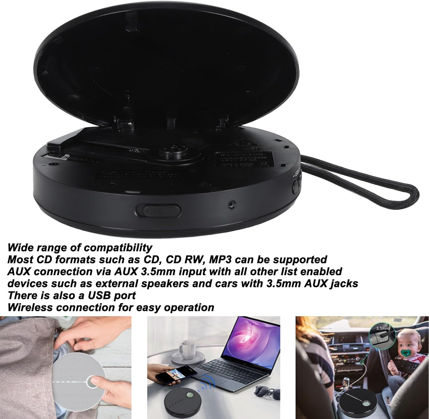 Audio CD Player, BT 5.0 Home CD Music Player Memory Play anti Skip Function Rechargeable Desktop CD Player Built in Speaker CD Music Player for Car Home Outdoor Decor image number 6