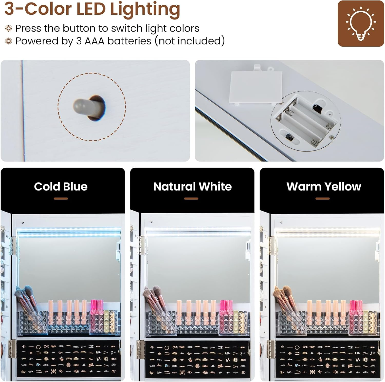 Costway Mirror Standing Jewelry Organizer, Cosmetic Storage Organizer with Lock, 3 Color LED Lights, Built-In Vanity Mirror, Universal Wheels, Freestanding Makeup Storage Cabinet image number 1