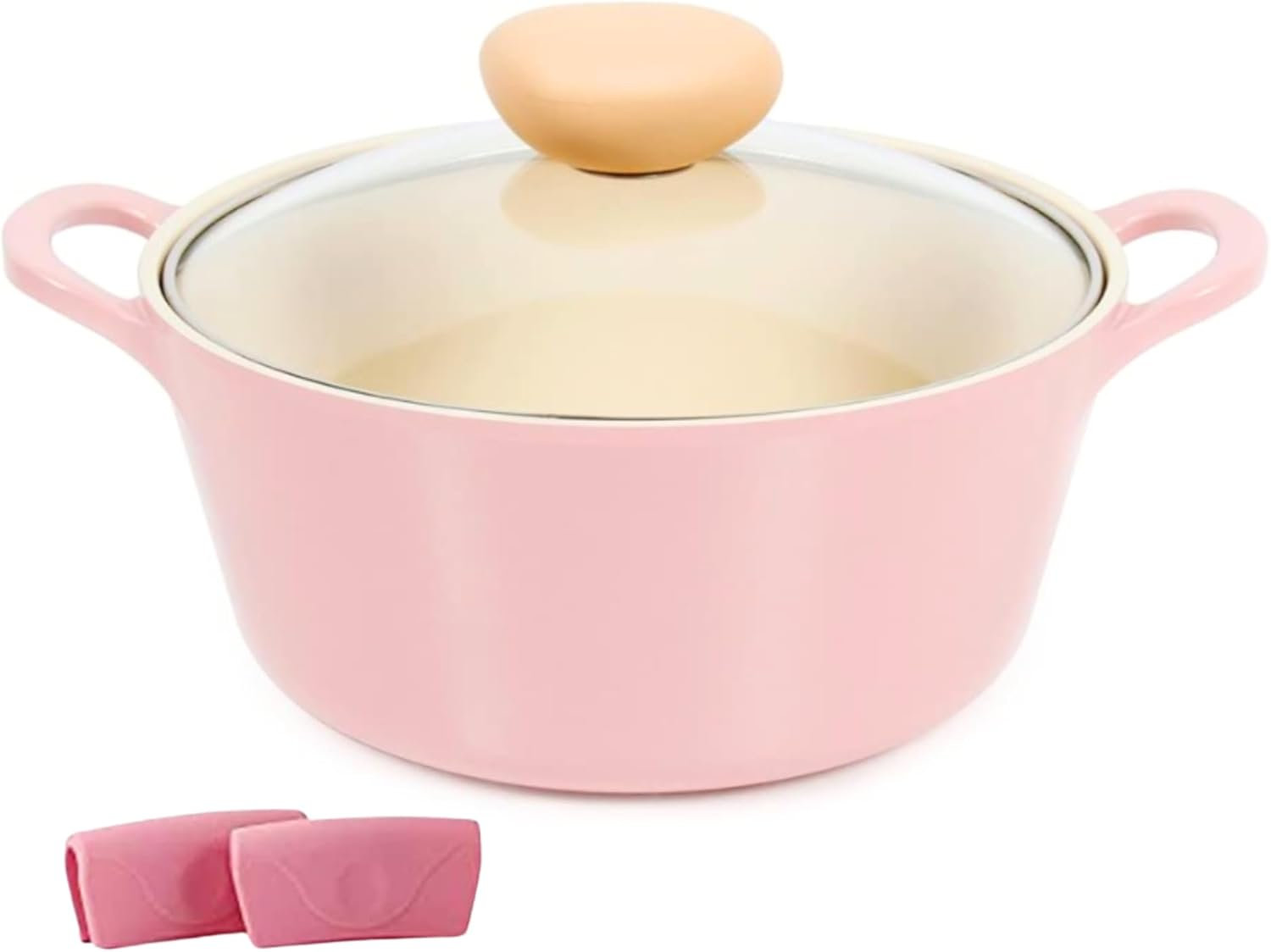 Neoflam Retro 5-Piece Ceramic Nonstick Cookware Set, PFOA Free Pots and Pans with Integrated Steam Vent Lid Knob Prevents Boil over and Heat Resistant Silicone Grips for Safer Cooking at Kitchen, Pink